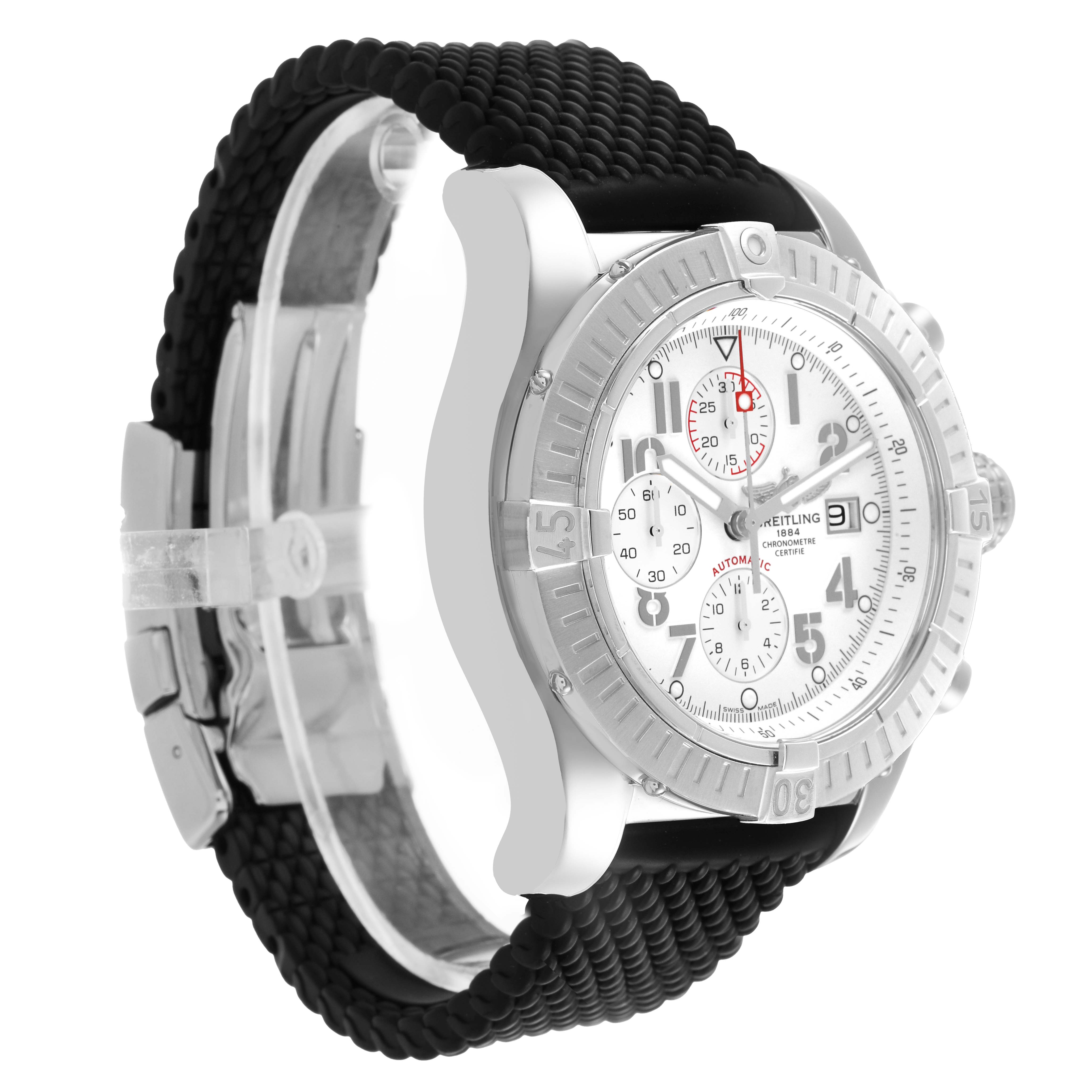 The Breitling Avenger A1337011/A699 Men's Stainless Steel White Dial watch is shown at a three-quarter angle, highlighting the bezel, dial, and strap.