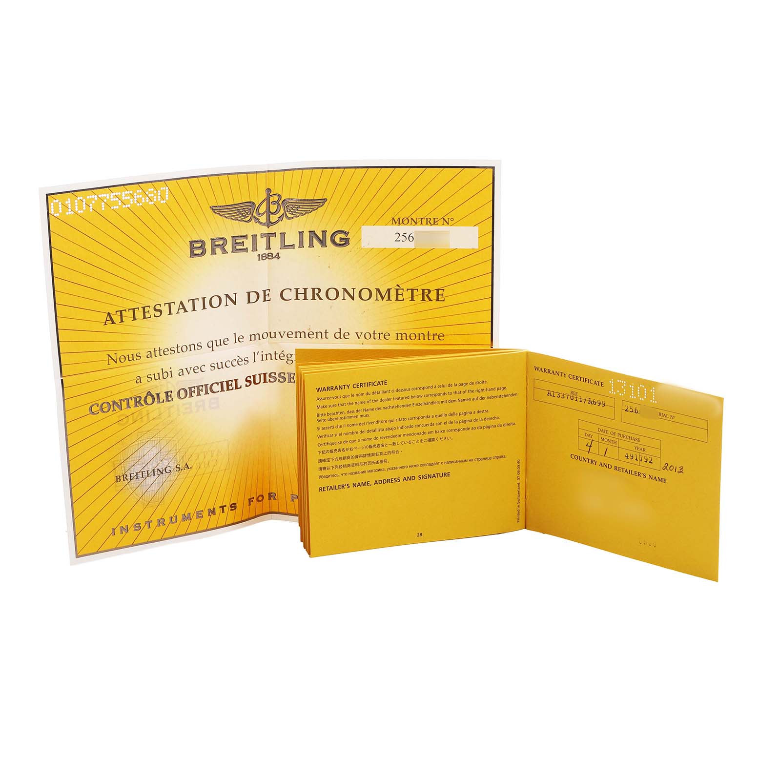 The image shows the Breitling Avenger A1337011/A699 Men's Stainless Steel White Dial watch's certificate and warranty booklet, displayed partially open.