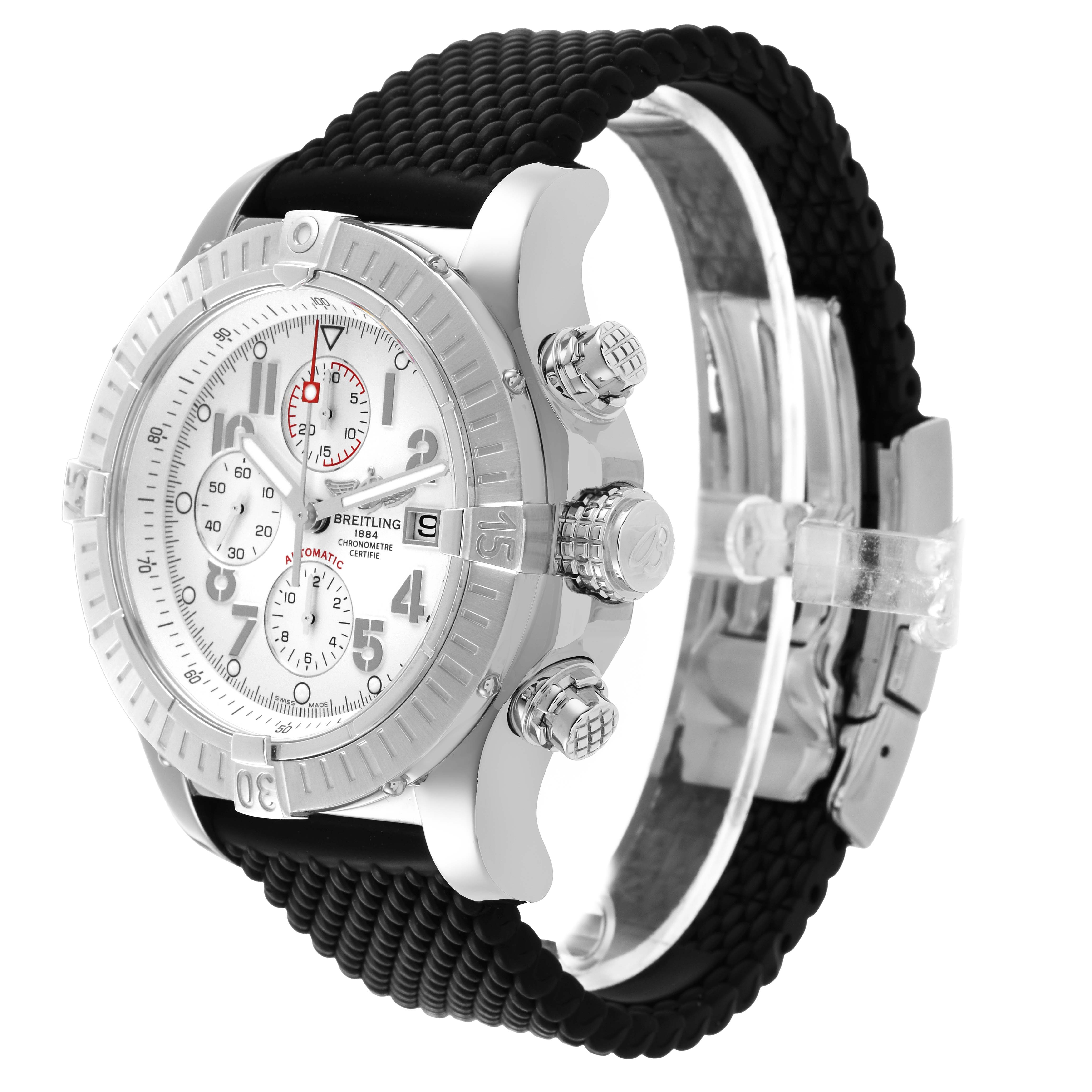 The Breitling Avenger A1337011/A699 Men's Stainless Steel White Dial watch is shown at an oblique angle, highlighting the bezel, face, crown, and pushers.