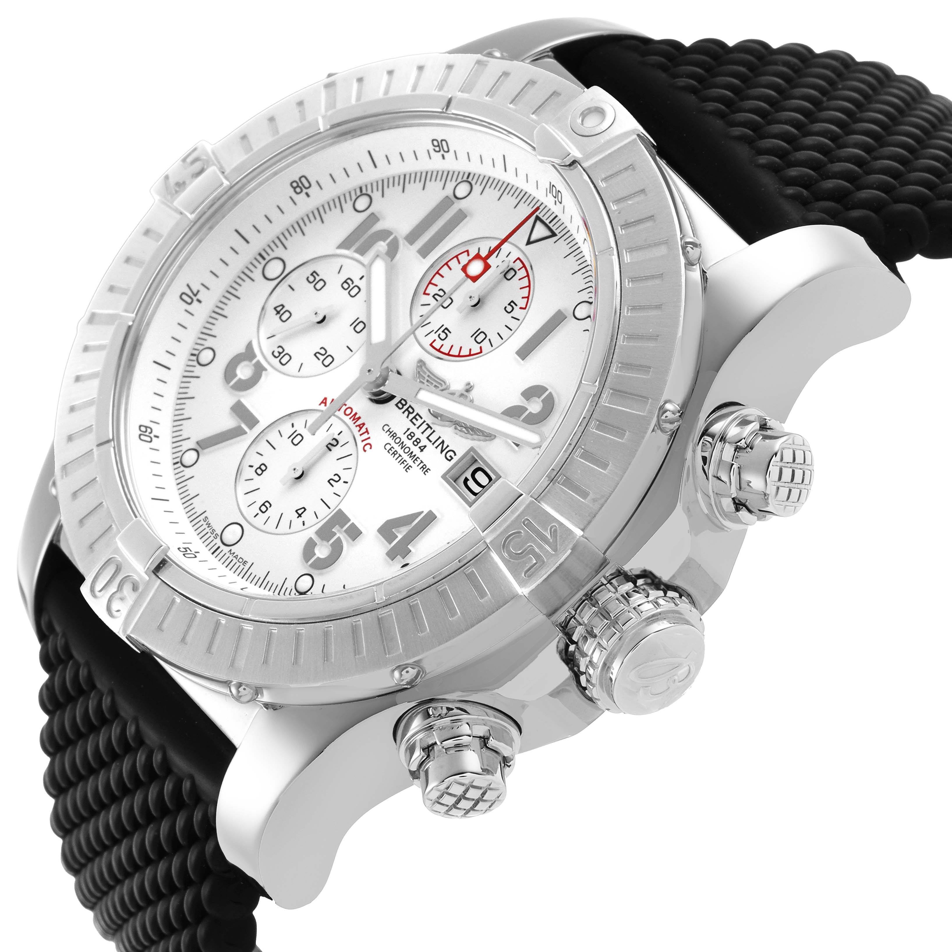 The Breitling Avenger A1337011/A699 Men's Stainless Steel White Dial watch is shown in a three-quarter angle, highlighting the face, bezel, chronograph dials, and crown.
