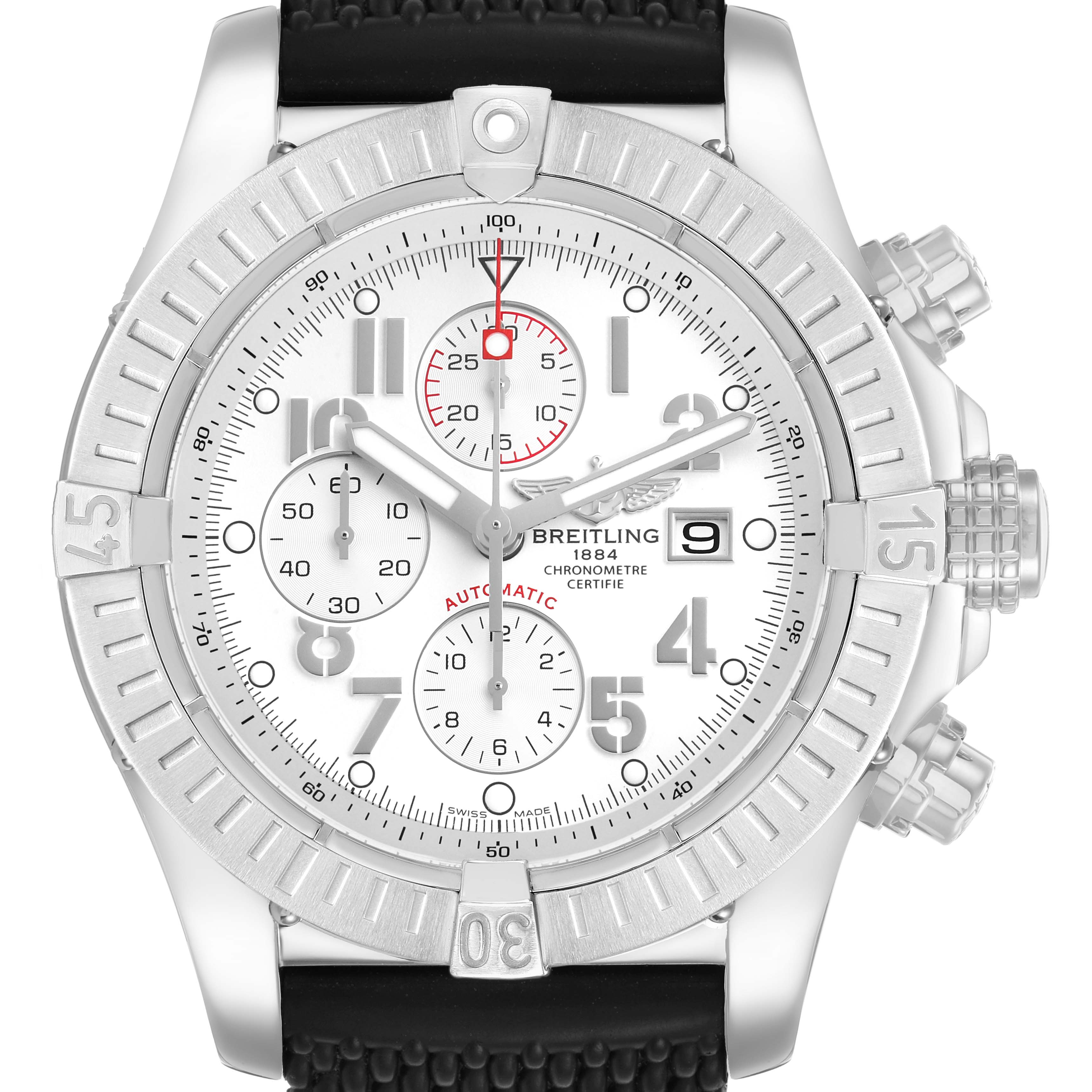 The Breitling Avenger A1337011/A699 Men's Stainless Steel White Dial watch is shown from the front, highlighting its bezel, dial, chronograph sub-dials, and crown.