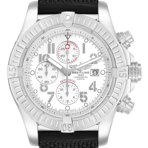 The Breitling Avenger A1337011/A699 Men's Stainless Steel White Dial watch is shown from a front angle, highlighting the dial, bezel, and pushers.