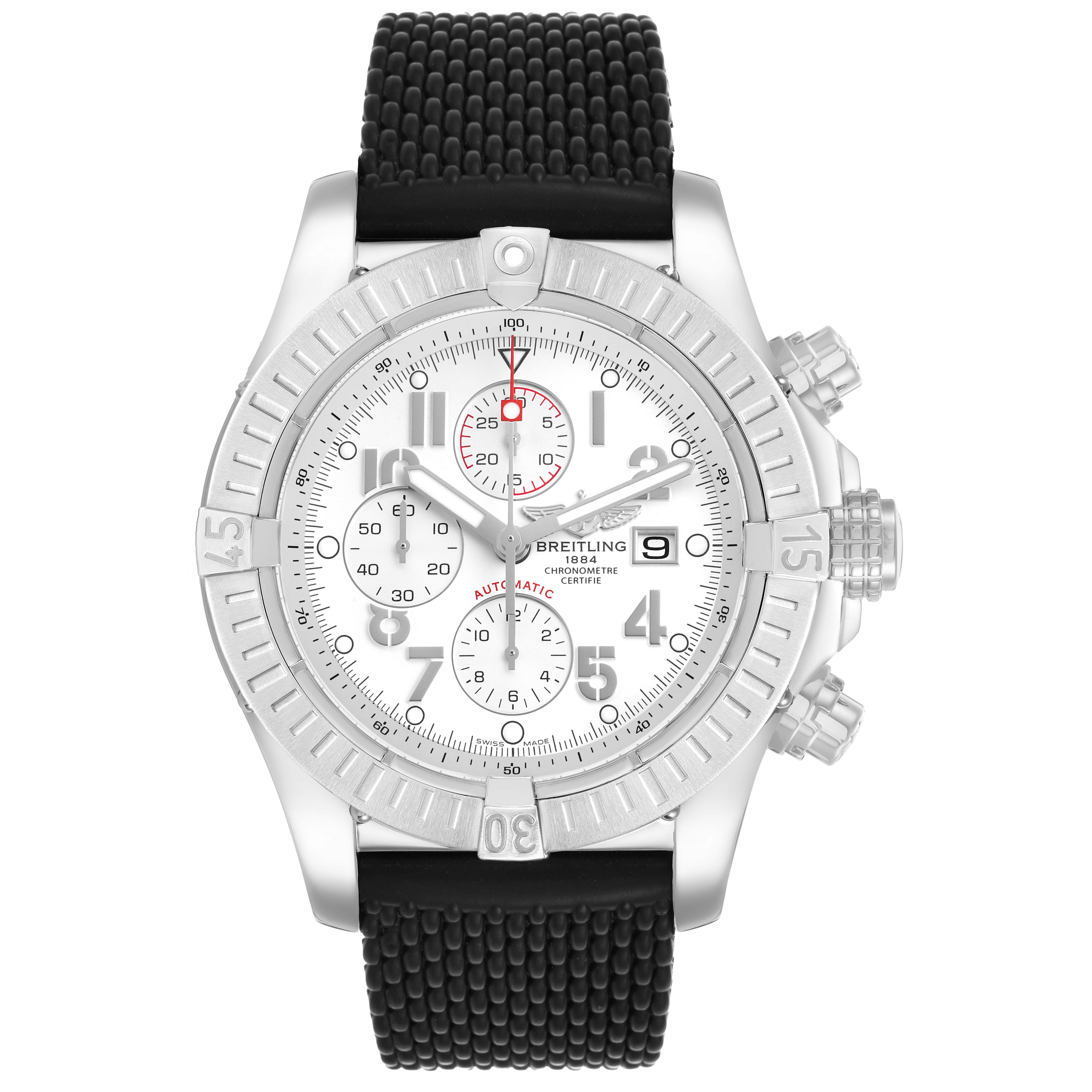 The Breitling Avenger A1337011/A699 Men's Stainless Steel White Dial watch is shown from the front, displaying the dial, bezel, crown, pushers, and a black textured strap.