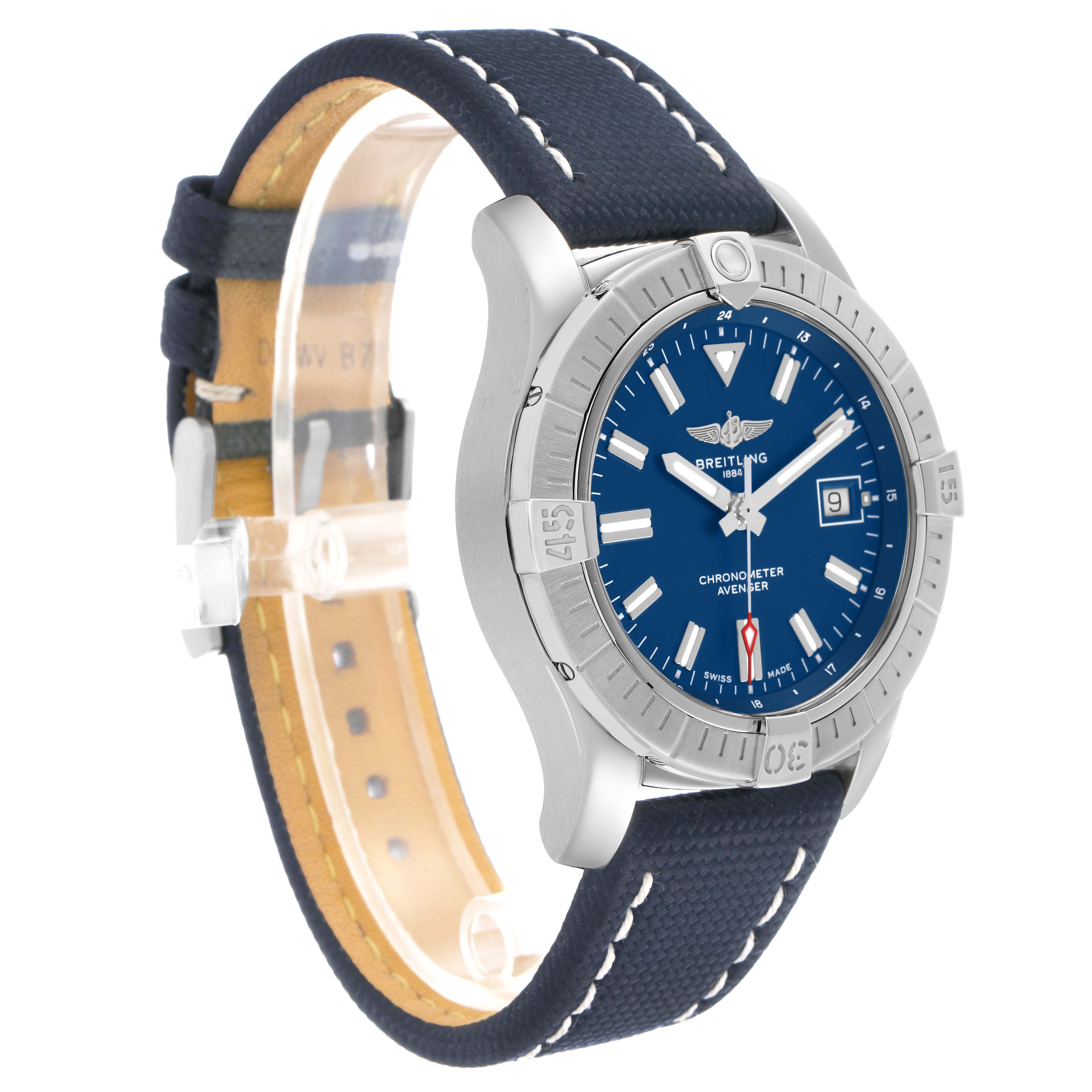 The Breitling Avenger A17318 Men's Stainless Steel Blue Dial watch is shown at a three-quarter angle highlighting the bezel, face, and strap.