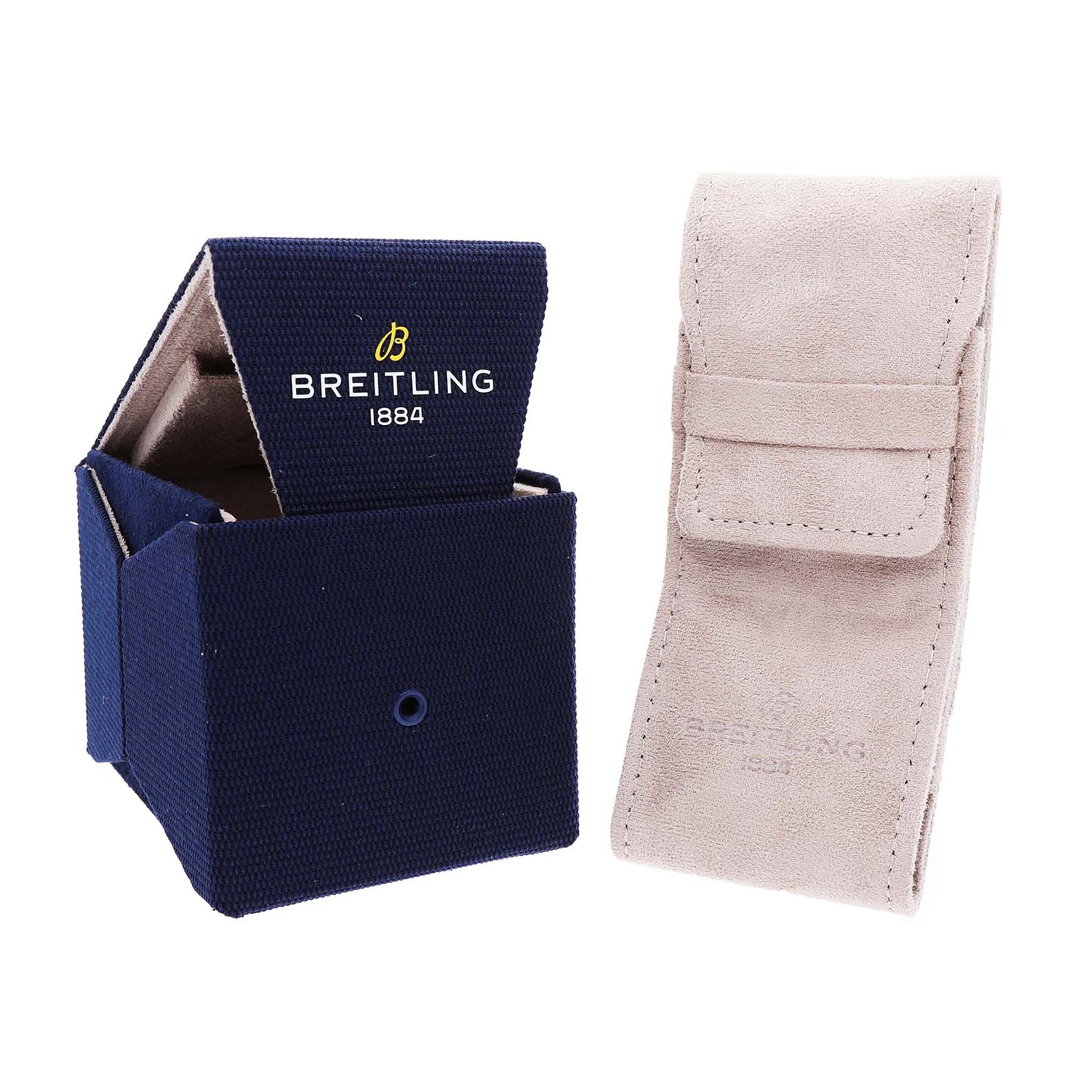 The image shows a blue Breitling Avenger A17318 Men's Stainless Steel Blue Dial watch box and a beige suede watch pouch from the side.