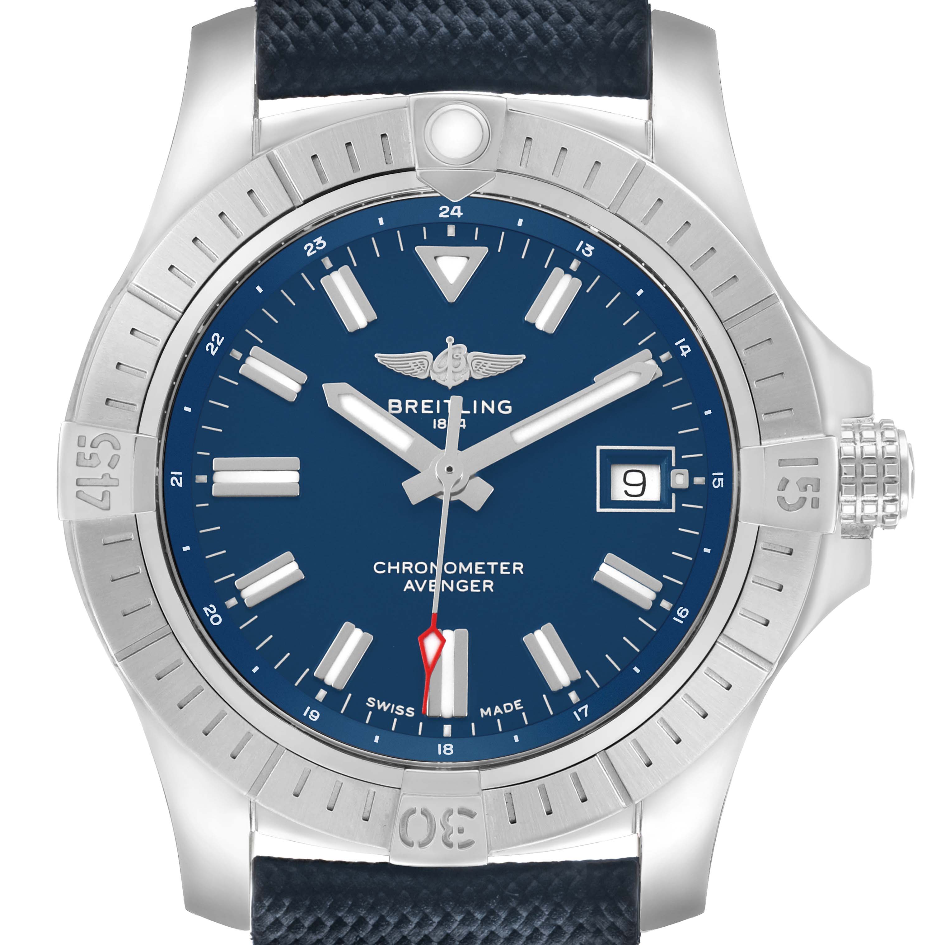 The Breitling Avenger A17318 Men's Stainless Steel Blue Dial watch is shown from a front angle, highlighting its bezel, dial, and date display.
