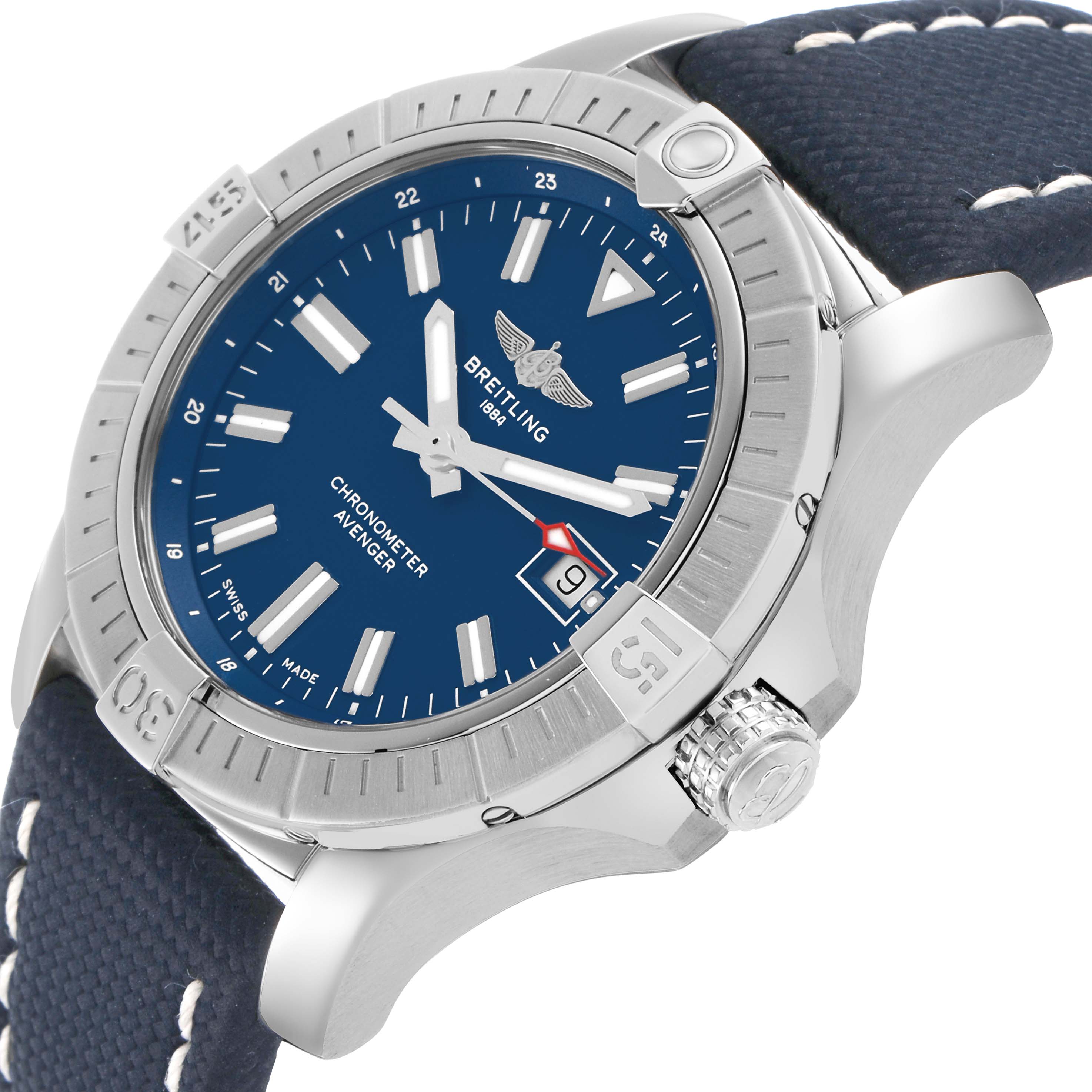 The Breitling Avenger A17318 Men's Stainless Steel Blue Dial watch is shown at an angle highlighting the face, bezel, crown, and part of the strap.