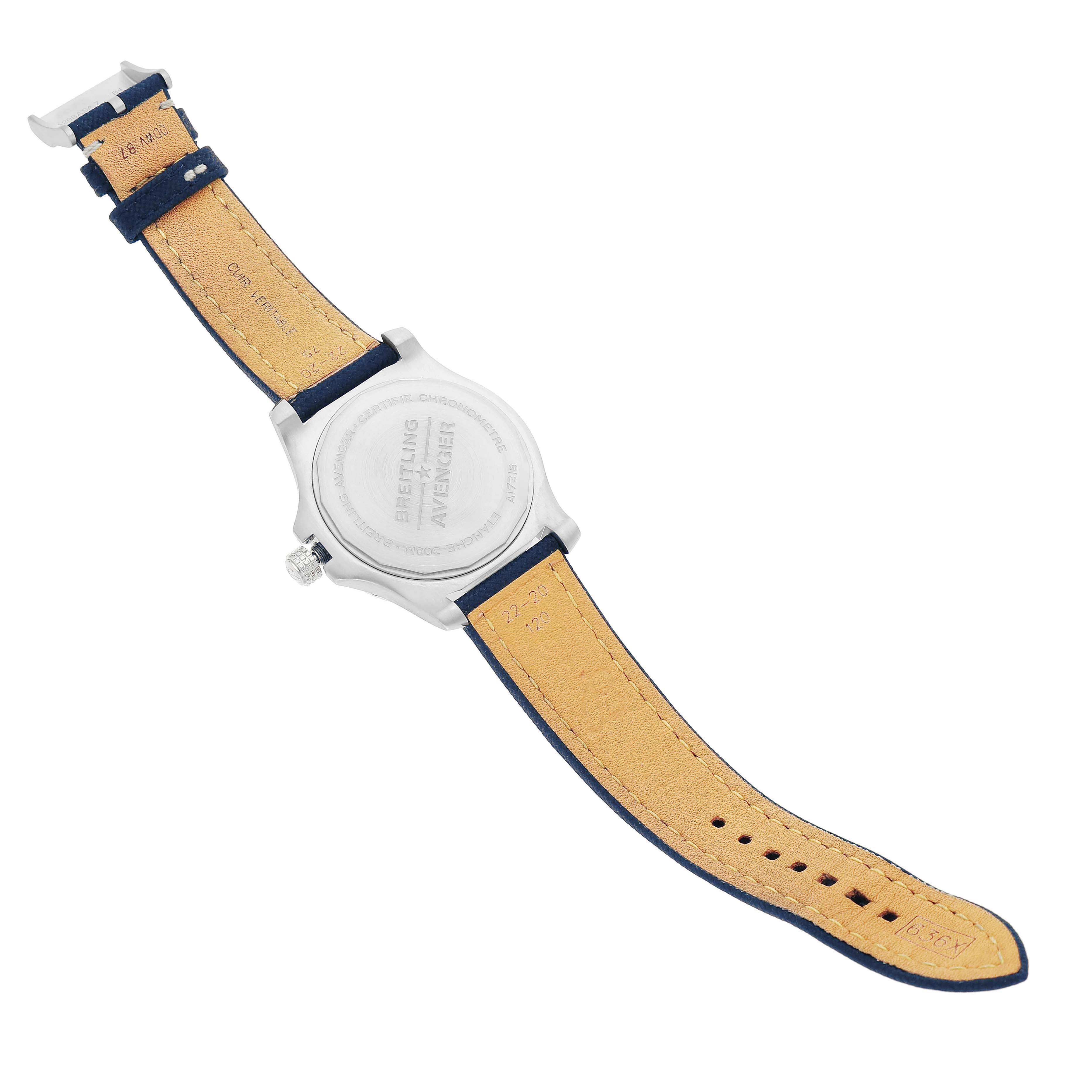 The image shows the back view of a Breitling Avenger A17318 Men's Stainless Steel Blue Dial watch, highlighting the case back and leather strap.