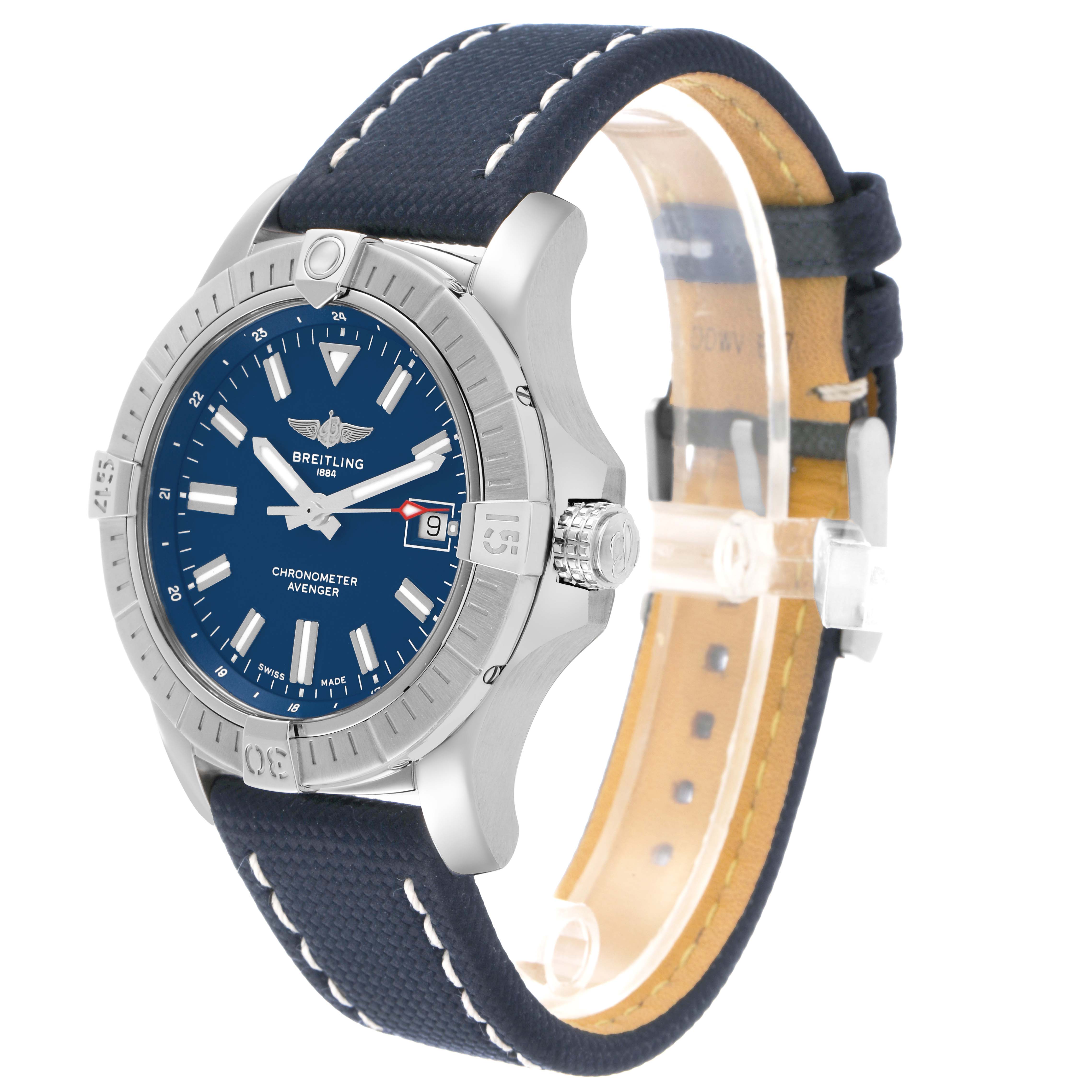 The Breitling Avenger A17318 Men's Stainless Steel Blue Dial watch is shown at a three-quarter angle, displaying the face, bezel, crown, and strap.