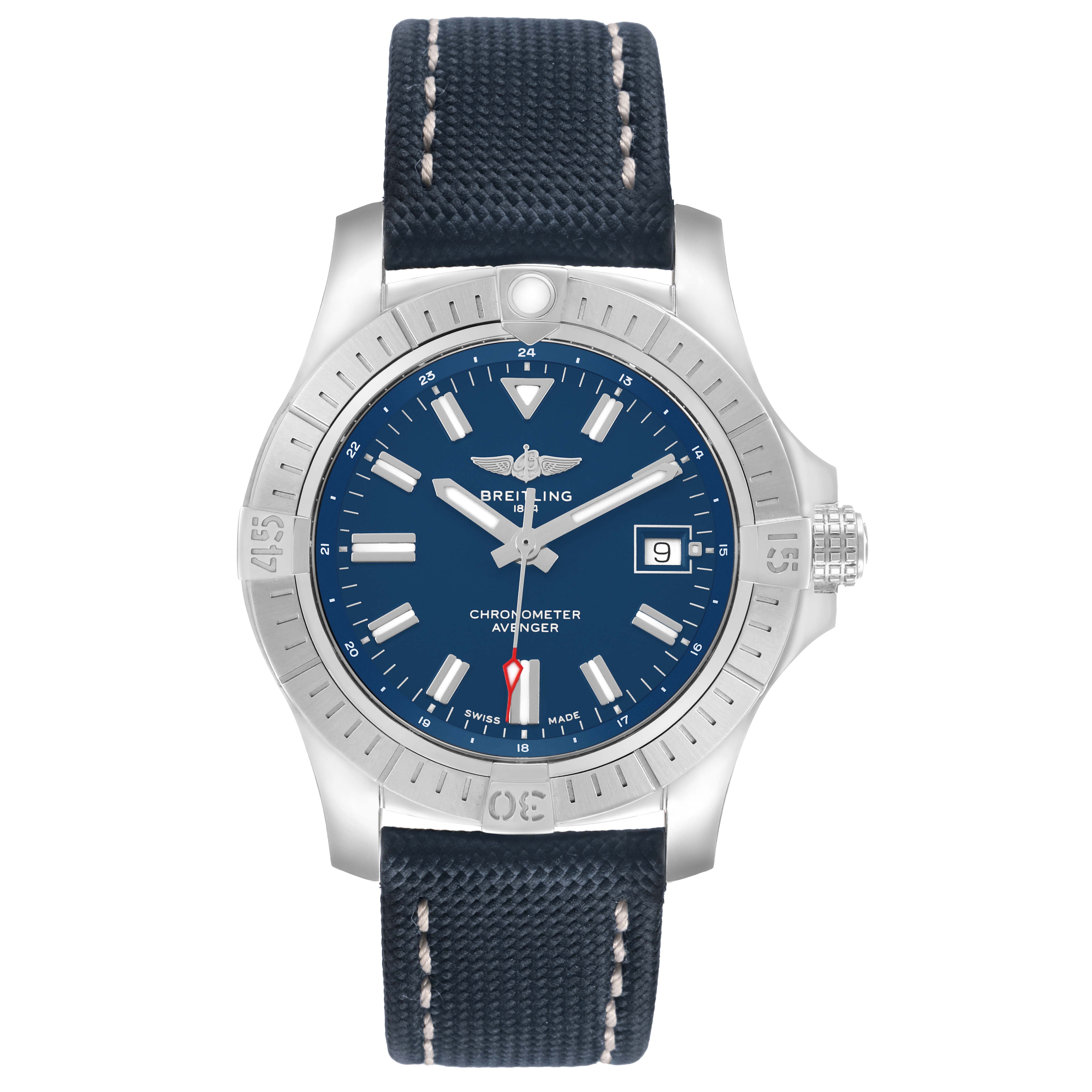 The Breitling Avenger A17318 Men's Stainless Steel Blue Dial watch is shown from a front view, displaying its blue dial, silver bezel, and navy strap.