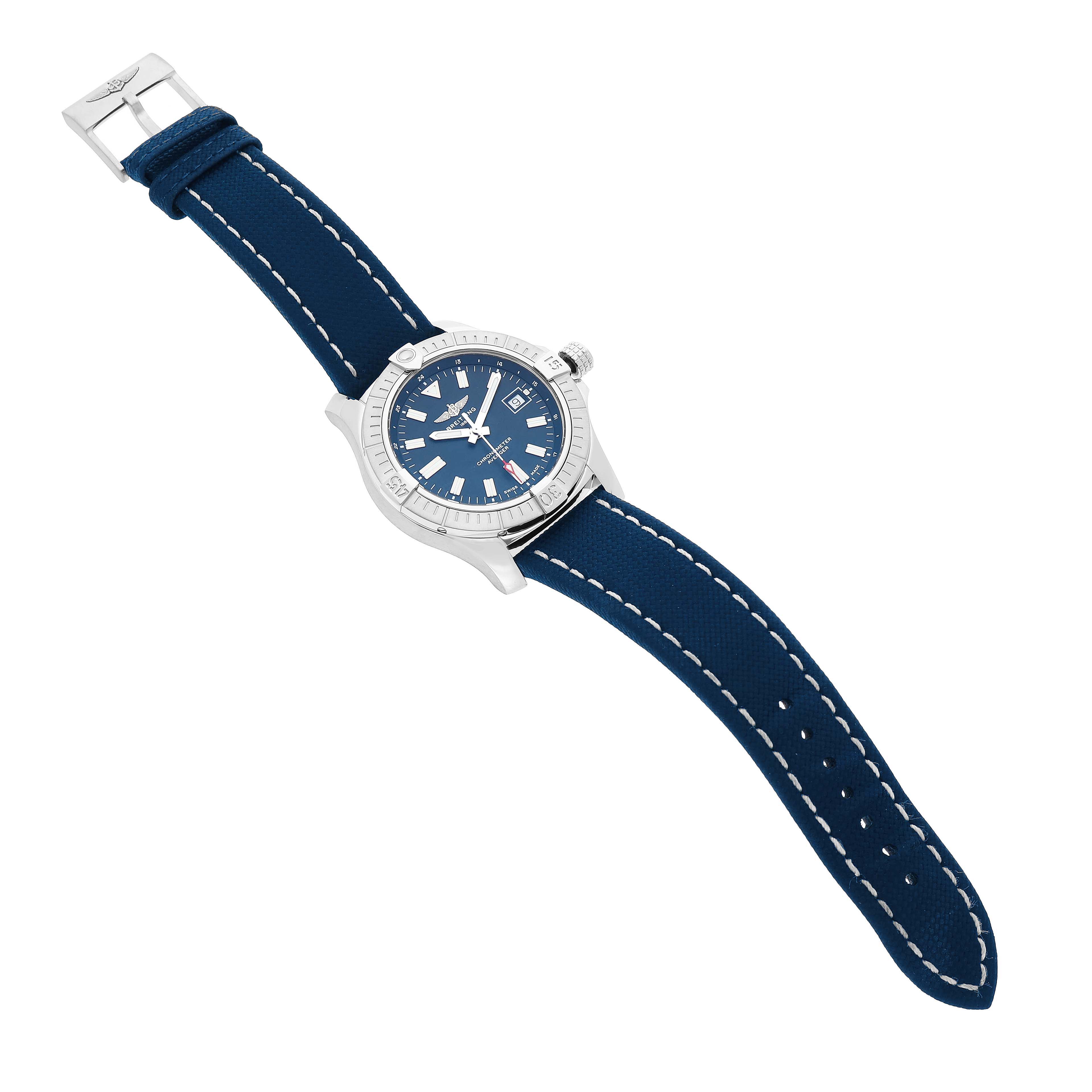 The Breitling Avenger A17318 Men's Stainless Steel Blue Dial watch is shown at a slight angle, highlighting its face, bezel, and blue strap with stitching.