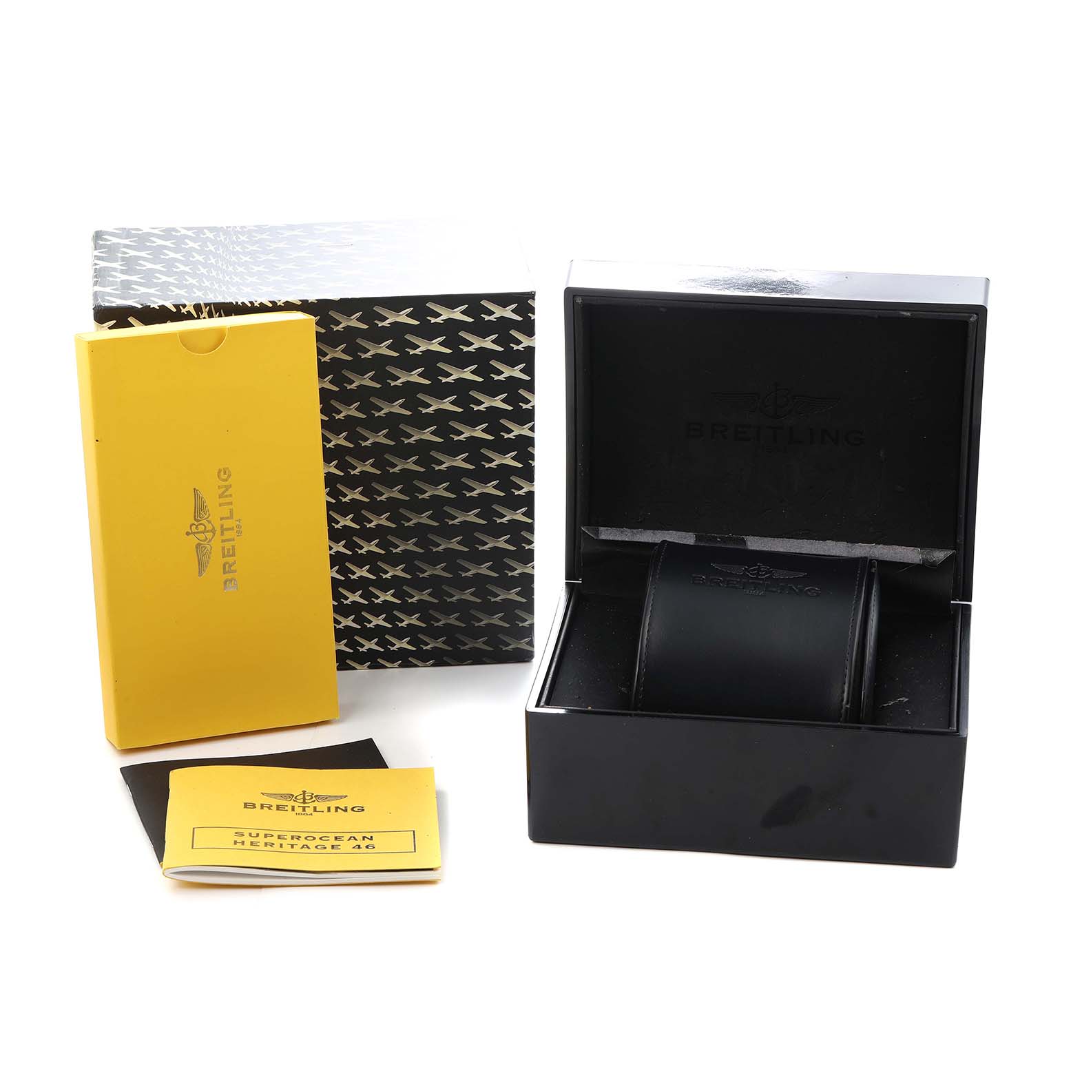 The image shows a Breitling Superocean A23370 Men
s Stainless Steel Black Dial watch box, outer packaging, and accompanying documents from a front angle.