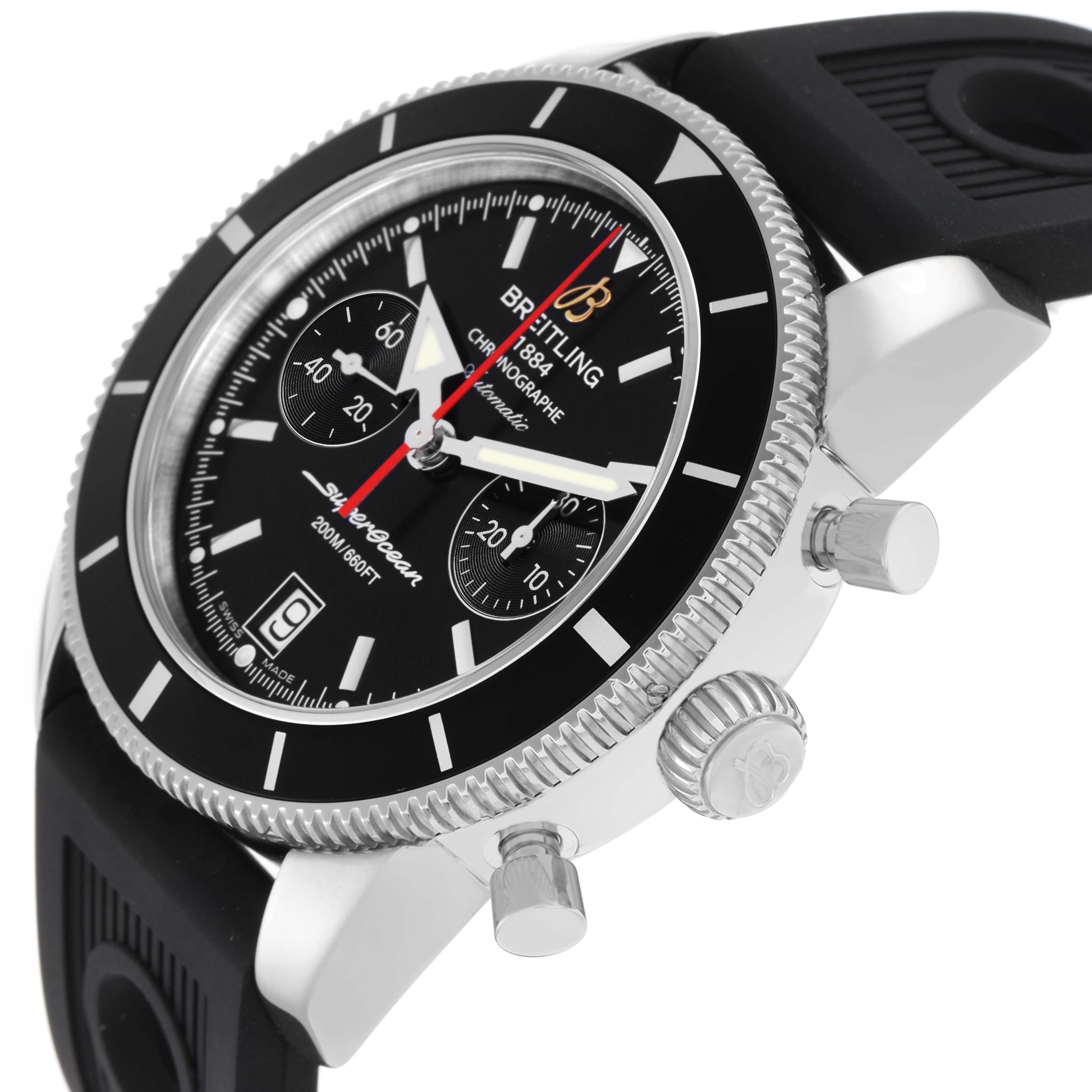 The Breitling Superocean A23370 Men
s Stainless Steel Black Dial watch is shown at an oblique angle, highlighting the bezel, dial, pushers, and crown.