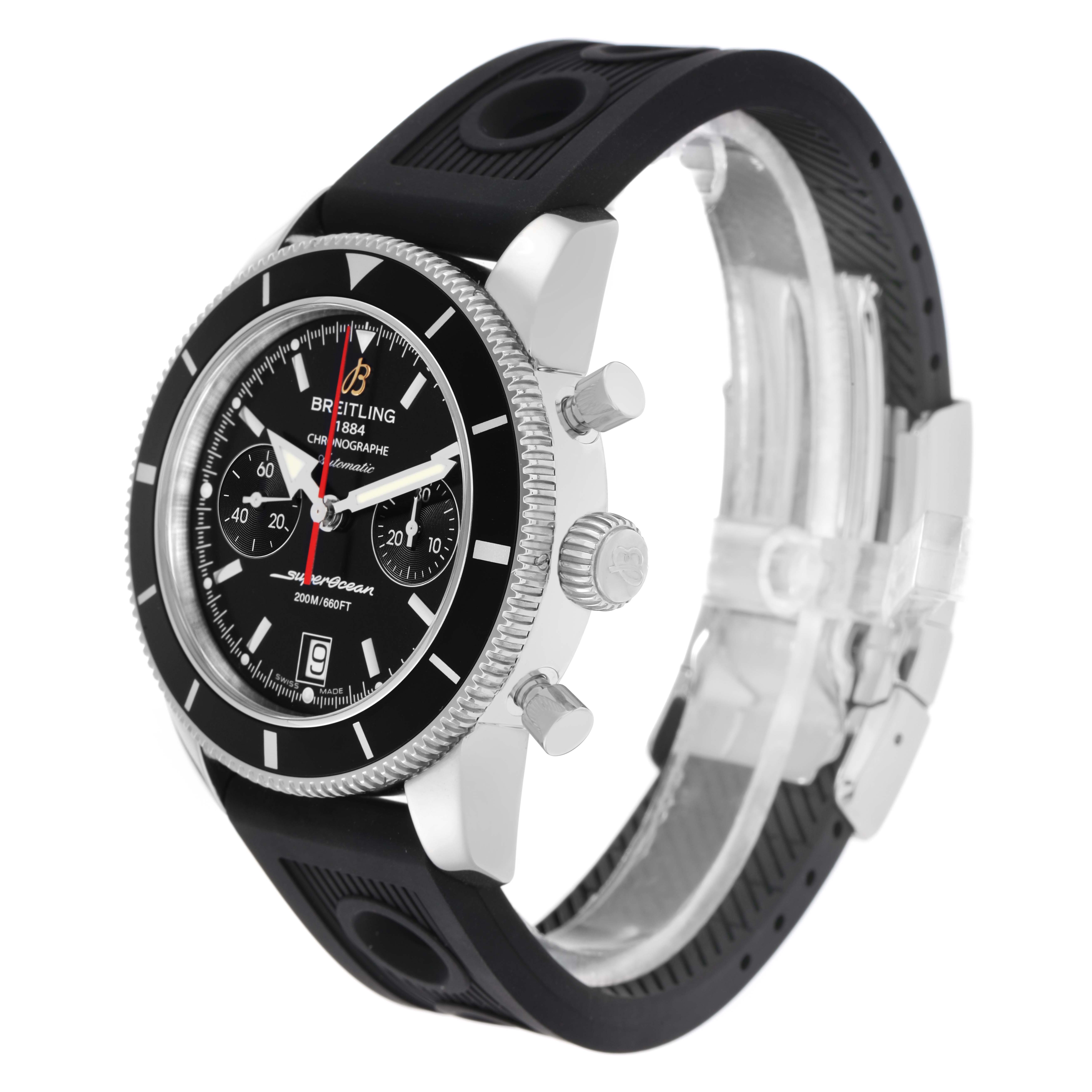 The Breitling Superocean A23370 Men
s Stainless Steel Black Dial watch is shown at a three-quarter angle, displaying the bezel, crown, pushers, and strap.