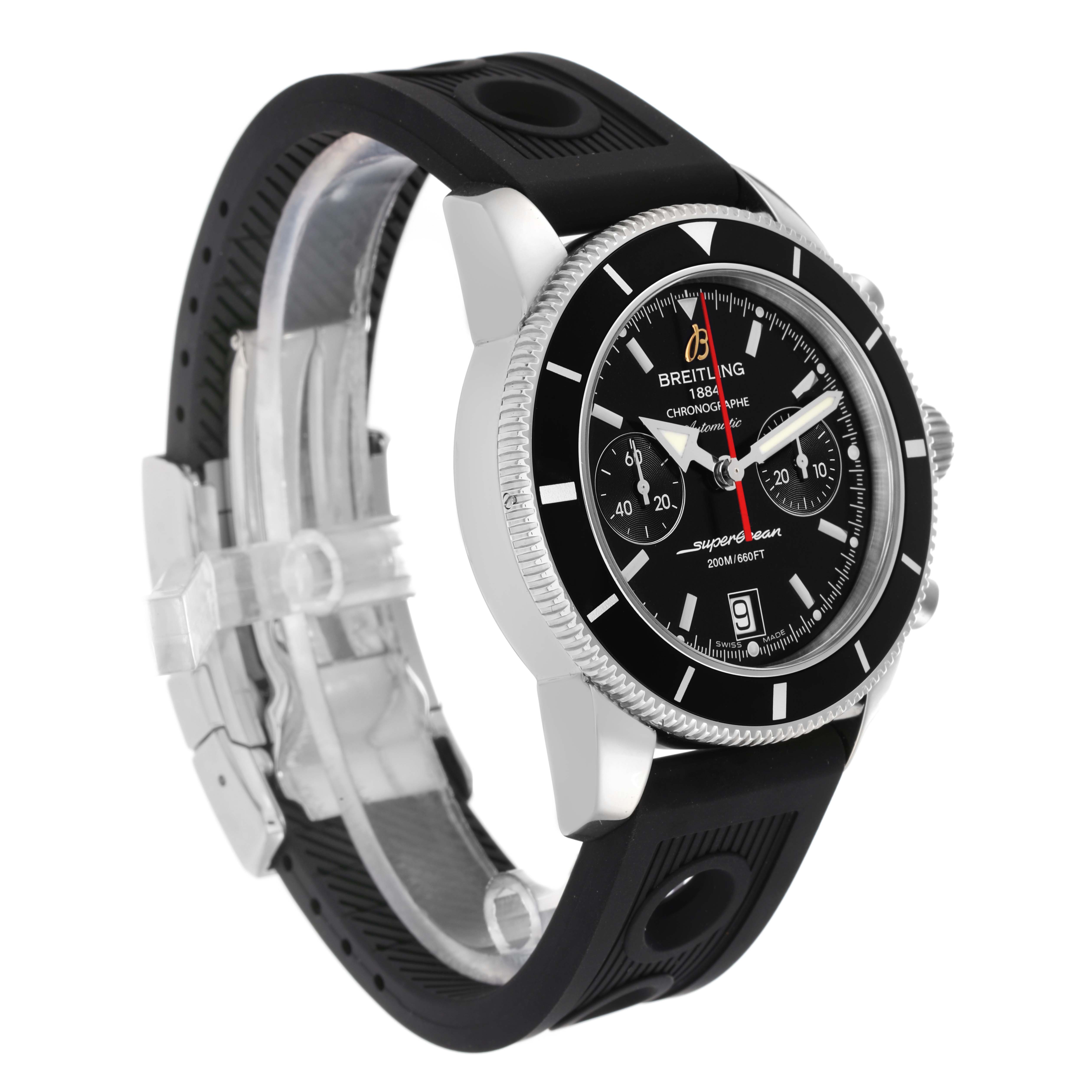 The Breitling Superocean A23370 Men
s Stainless Steel Black Dial watch is shown at a slight angle, displaying the face, bezel, and part of the strap clearly.