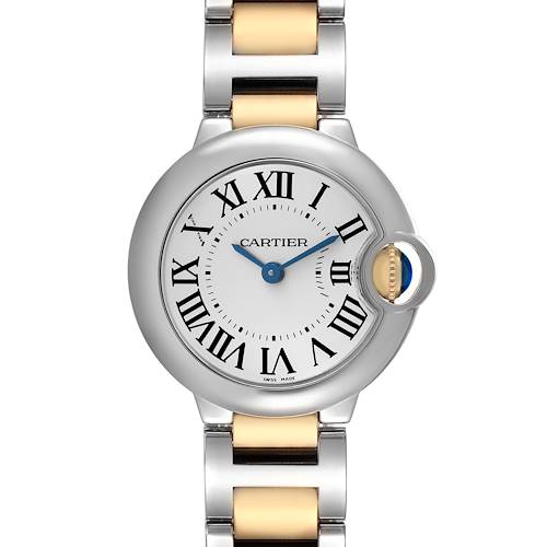 The Cartier Ballon Bleu W69007Z3 Women's Stainless Steel Silver Dial watch is shown from a front view, displaying the dial, Roman numerals, and part of the bracelet.