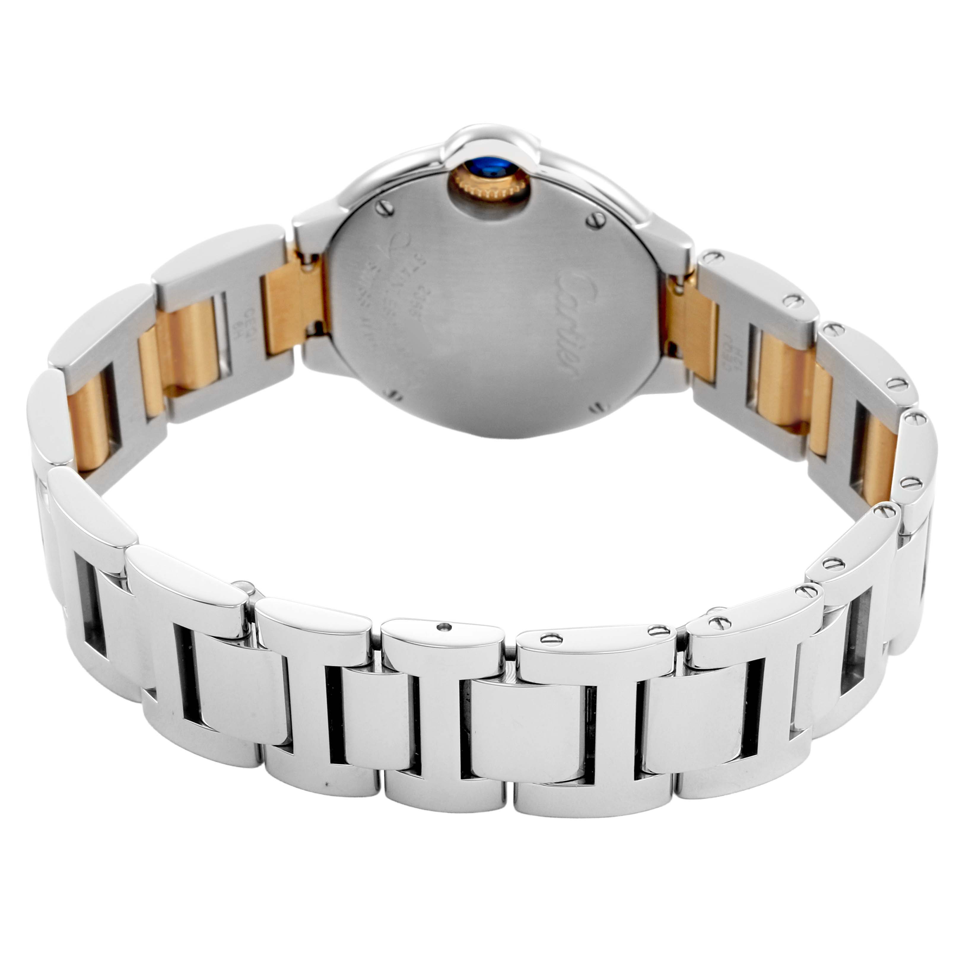 The image shows the back of the Cartier Ballon Bleu W69007Z3 Women's Stainless Steel Silver Dial watch, highlighting its bracelet and blue cabochon crown.