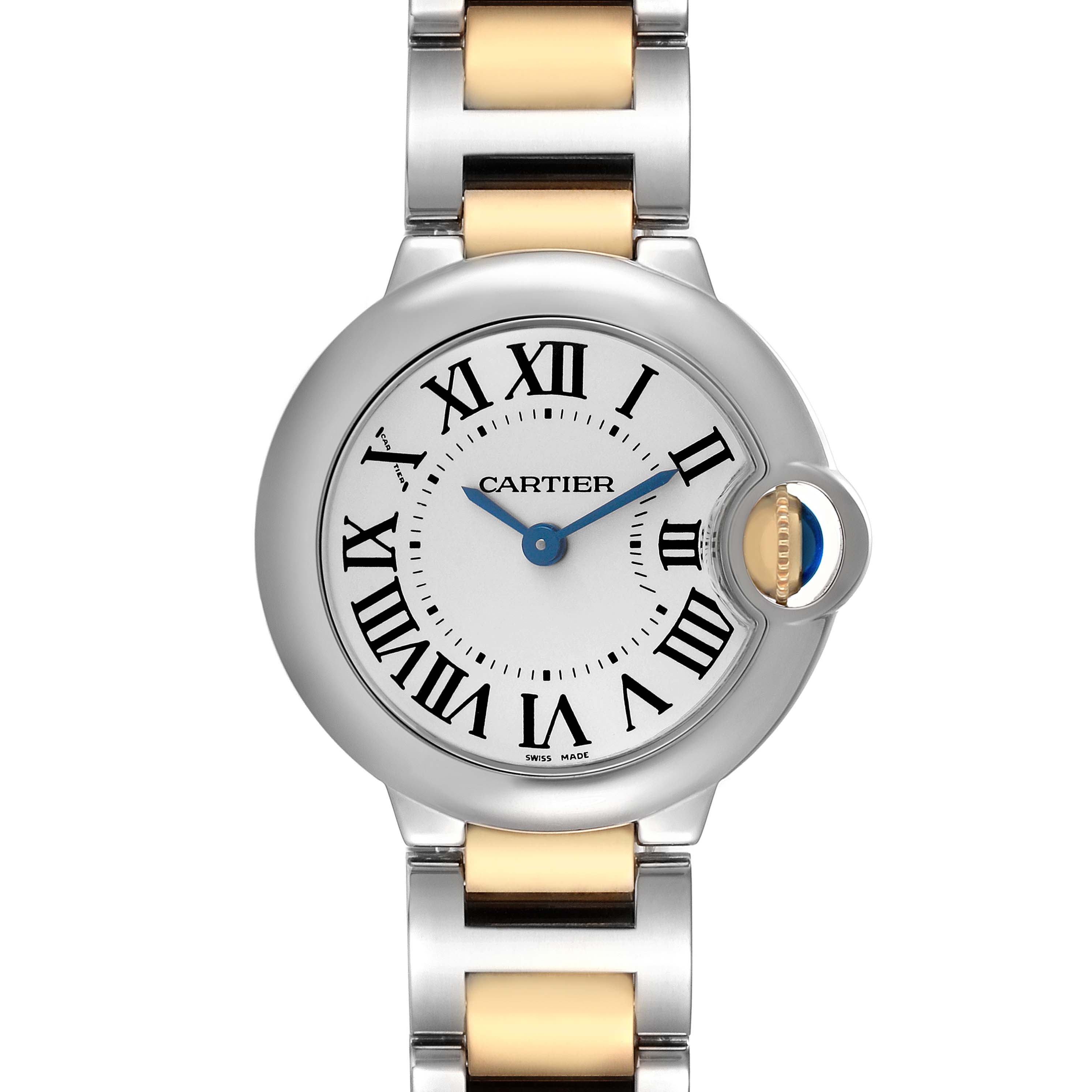 The Ballon Bleu by Cartier is shown from the front, highlighting its round face, Roman numerals, and metal bracelet.