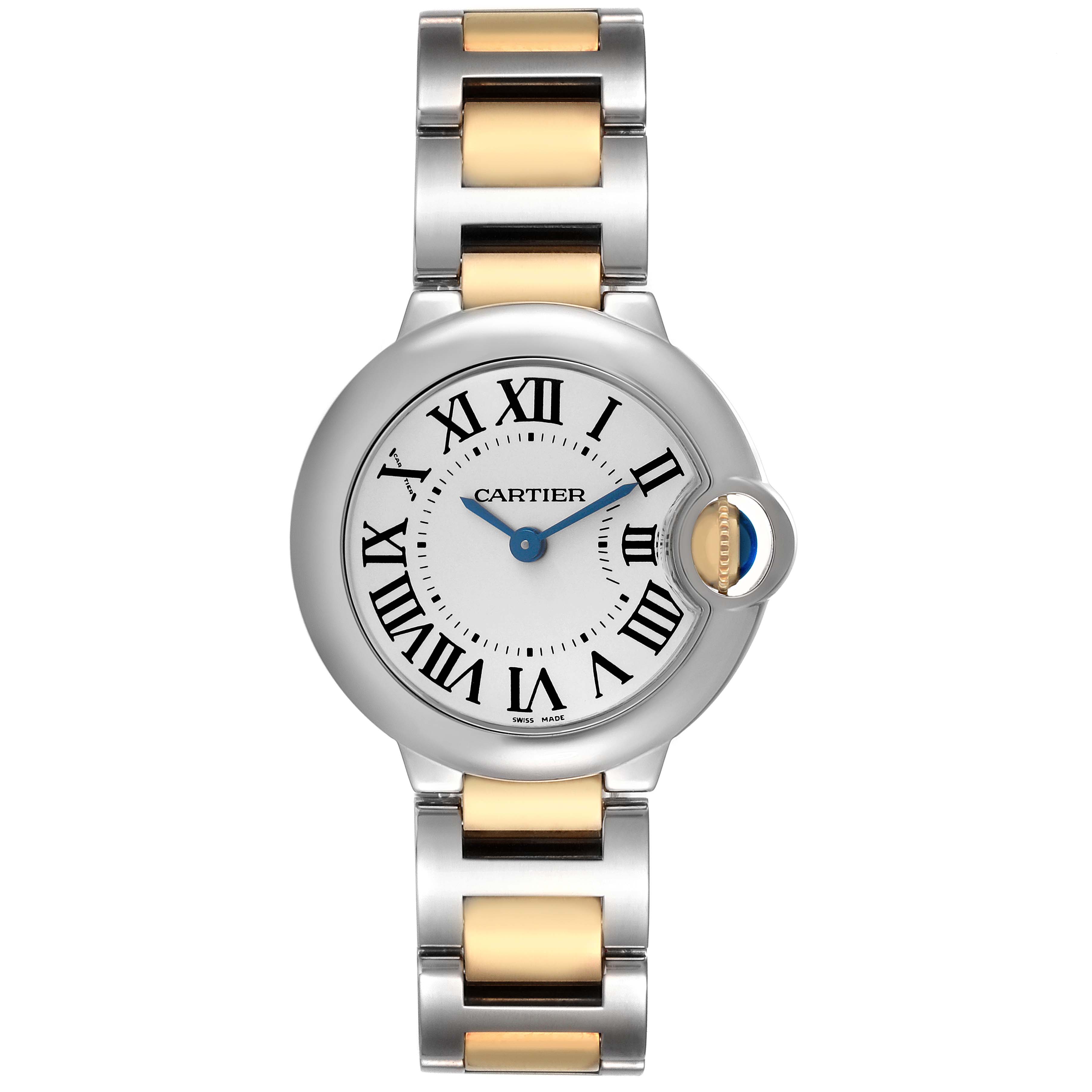 The image shows a top view of the Ballon Bleu by Cartier, highlighting the face, bezel, crown, and bracelet design.