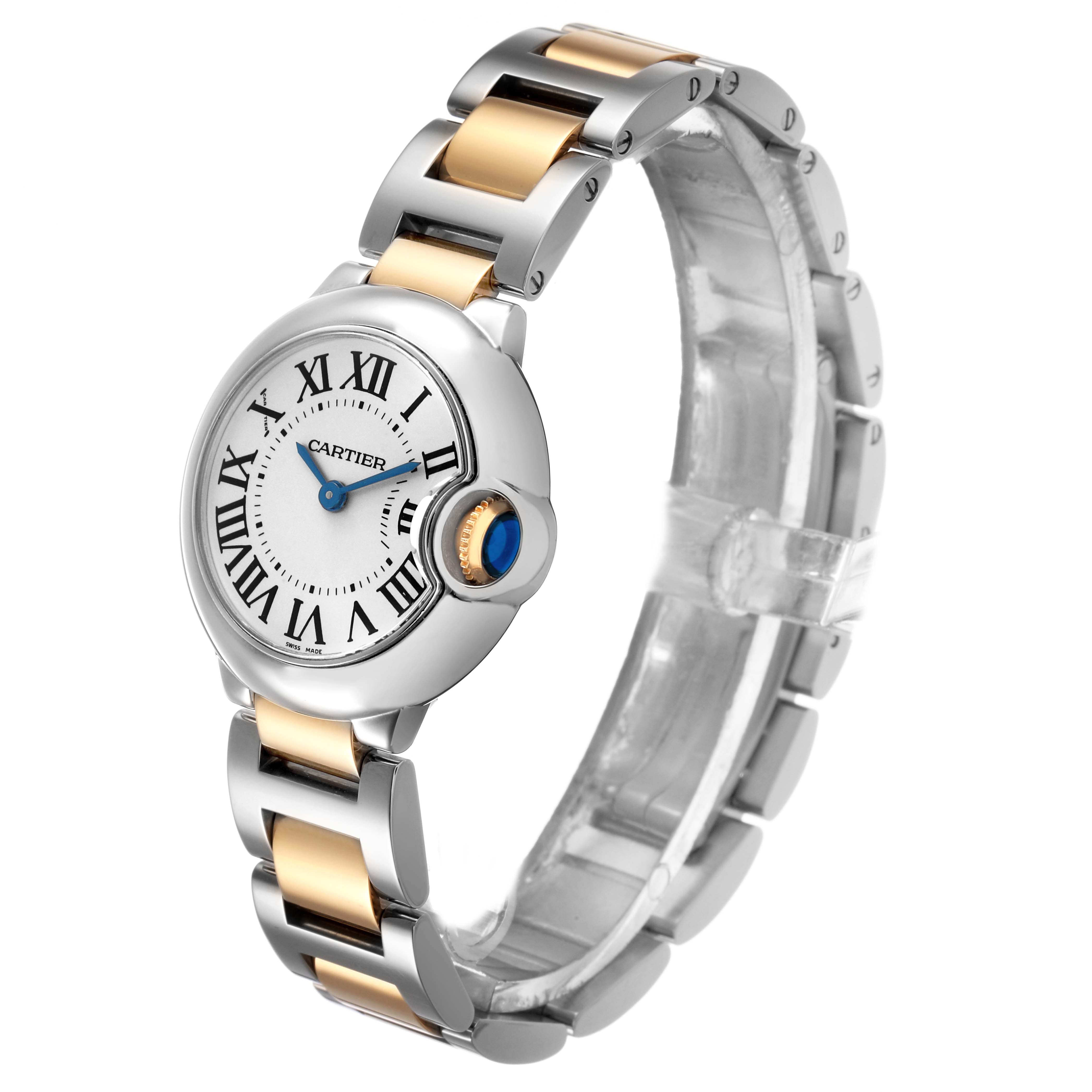 The Cartier Ballon Bleu W69007Z3 Women's Stainless Steel Silver Dial watch is shown from a side angle, displaying its round case, Roman numeral dial, and two-tone bracelet.