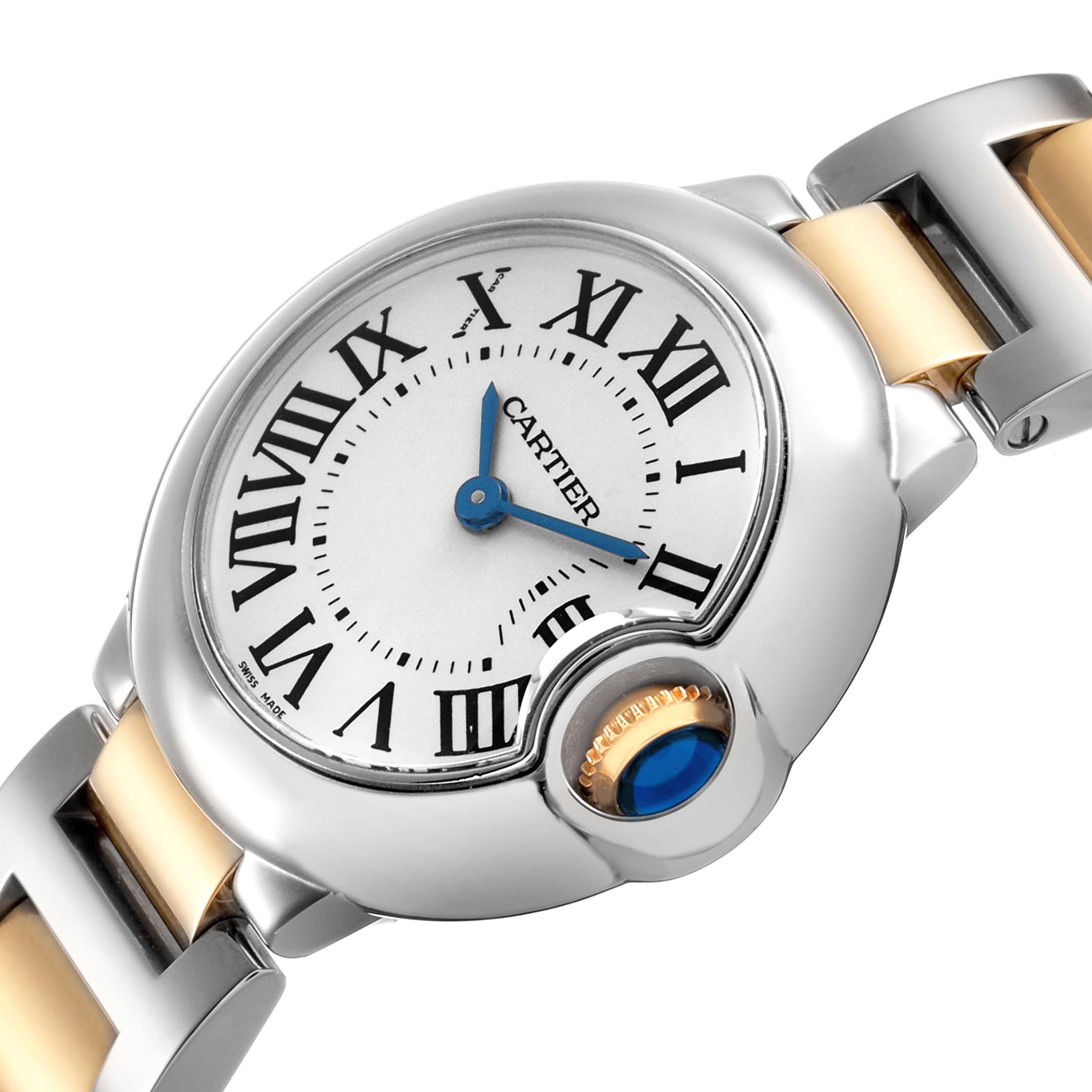 The Cartier Ballon Bleu W69007Z3 Women's Stainless Steel Silver Dial watch is shown in a close-up angle, highlighting the face and crown with its distinctive blue cabochon.