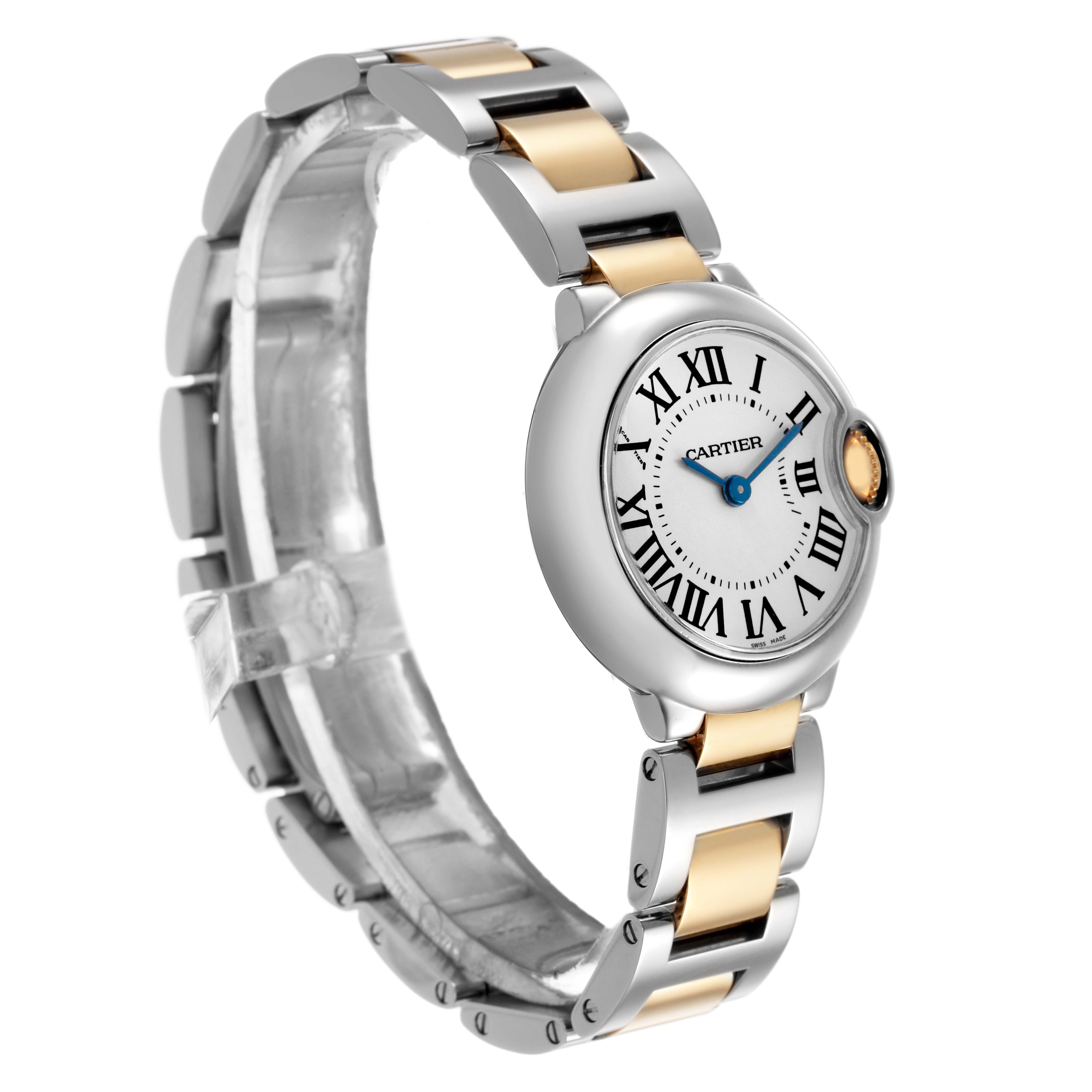 The Cartier Ballon Bleu W69007Z3 Women's Stainless Steel Silver Dial watch is shown at a three-quarter angle, highlighting its round face, Roman numerals, and two-tone metal bracelet.