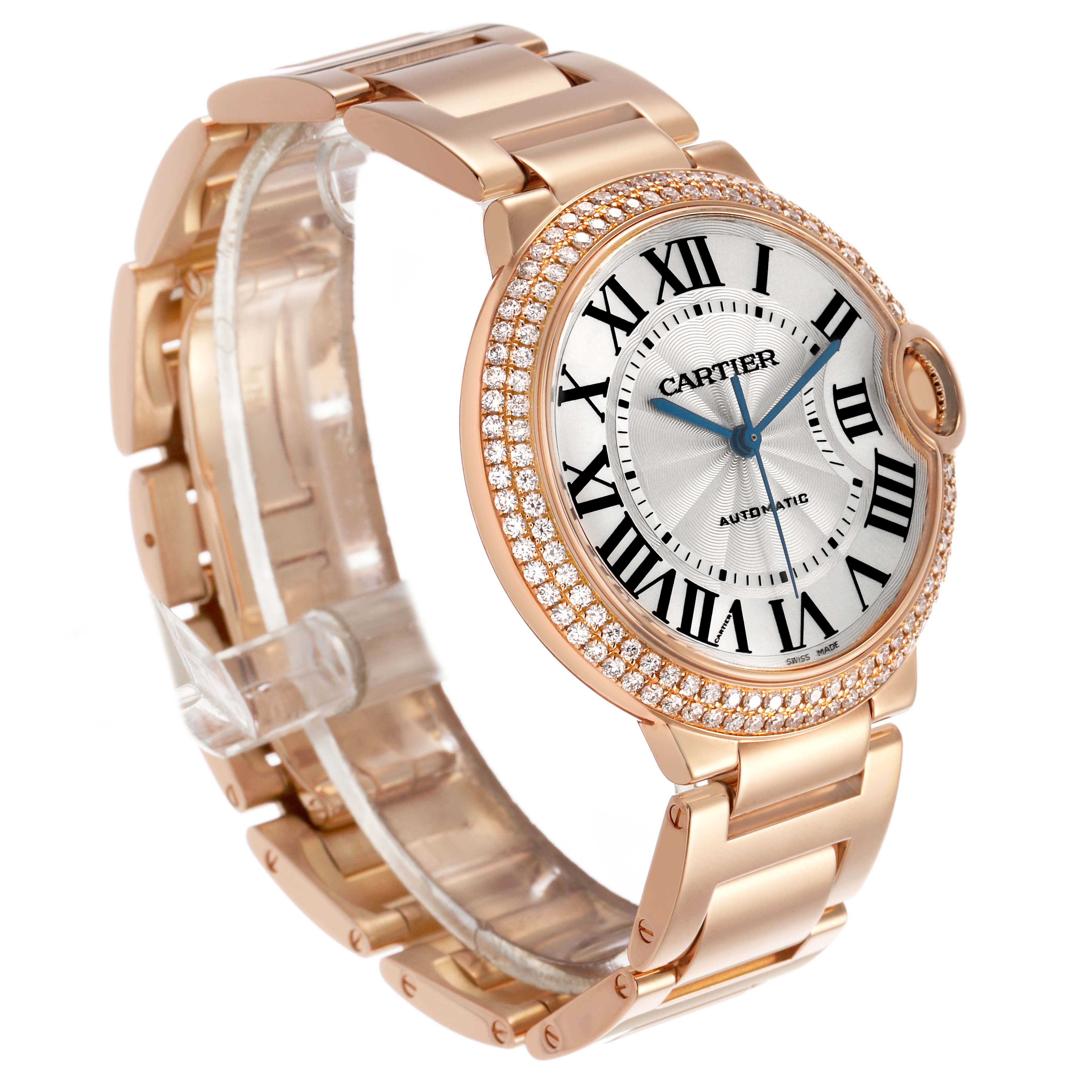The Cartier Ballon Bleu WE9005Z3 Women's Rose Gold Silver Dial watch is shown at a three-quarter angle, showcasing the face, Roman numerals, and bracelet.