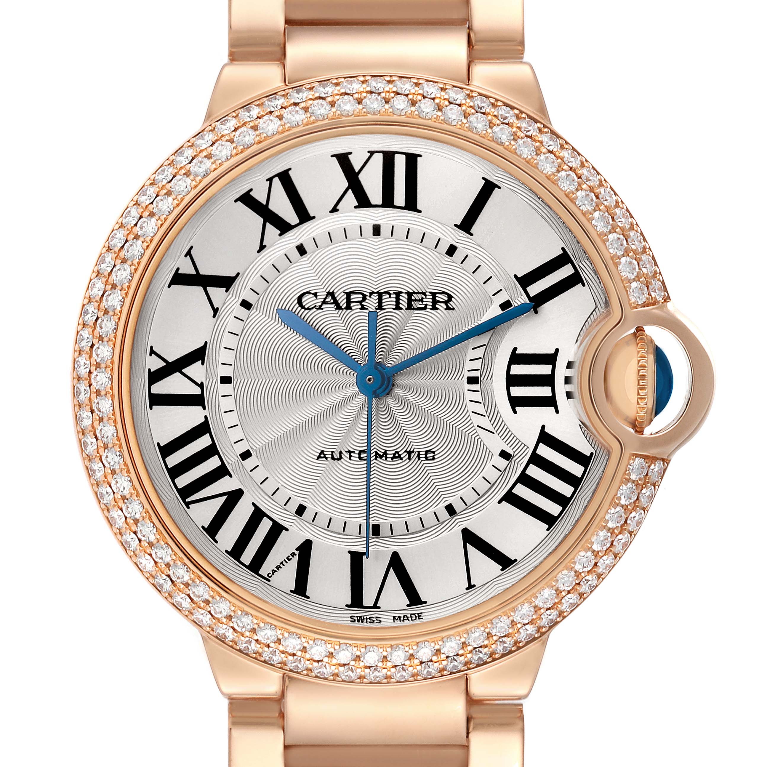 The Cartier Ballon Bleu WE9005Z3 Women's Rose Gold Silver Dial watch is shown from the front, highlighting its face, Roman numerals, blue hands, diamond bezel, and crown.