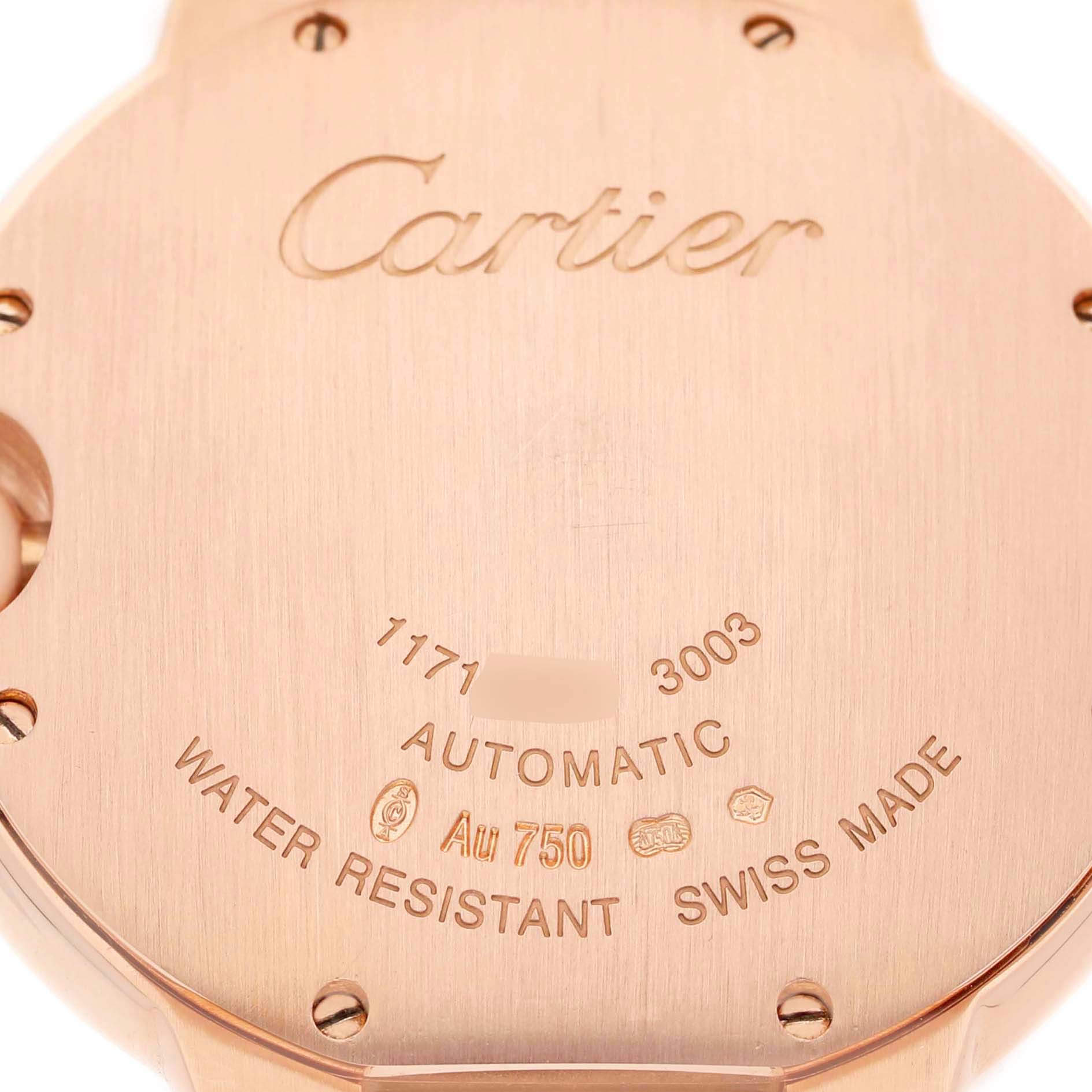The image shows the back case of a Cartier Ballon Bleu WE9005Z3 Women's Rose Gold Silver Dial watch, highlighting engravings and markings.