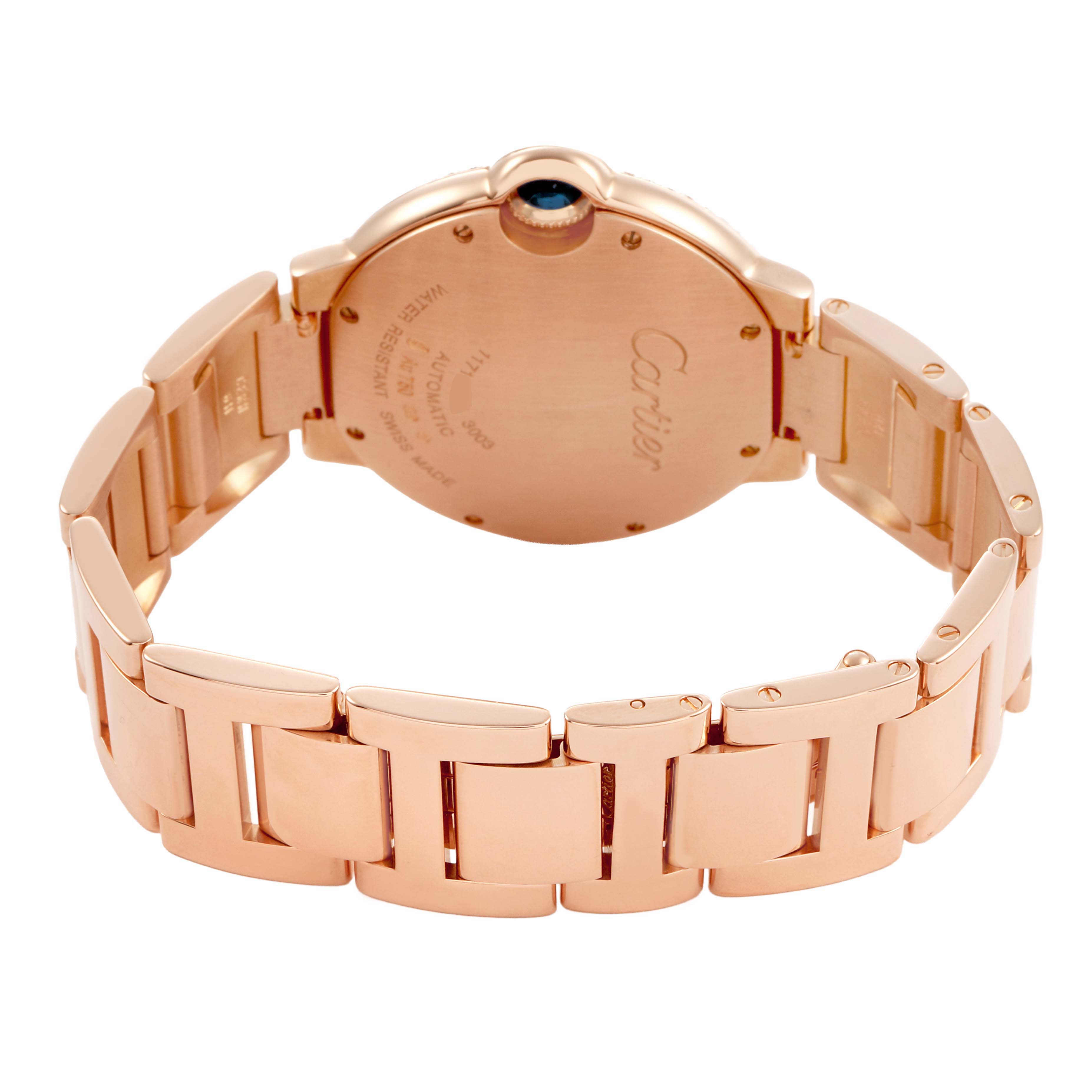 The image shows the back case and bracelet of a Cartier Ballon Bleu WE9005Z3 Women's Rose Gold Silver Dial watch, highlighting the clasp and engraving details.