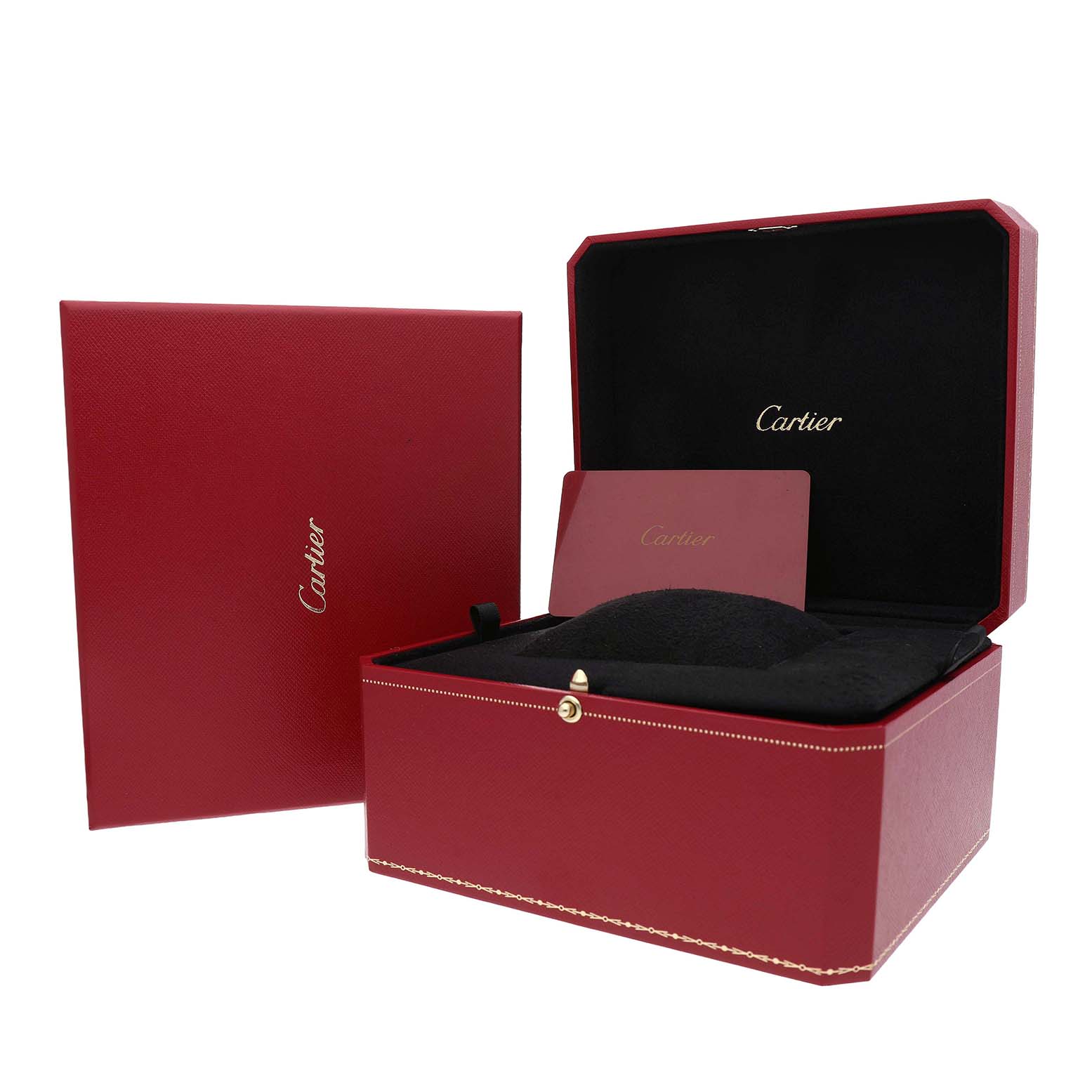 The image shows a Cartier Ballon Bleu WE9005Z3 Women's Rose Gold Silver Dial watch box set with an open case, cushion, card, and outer box.