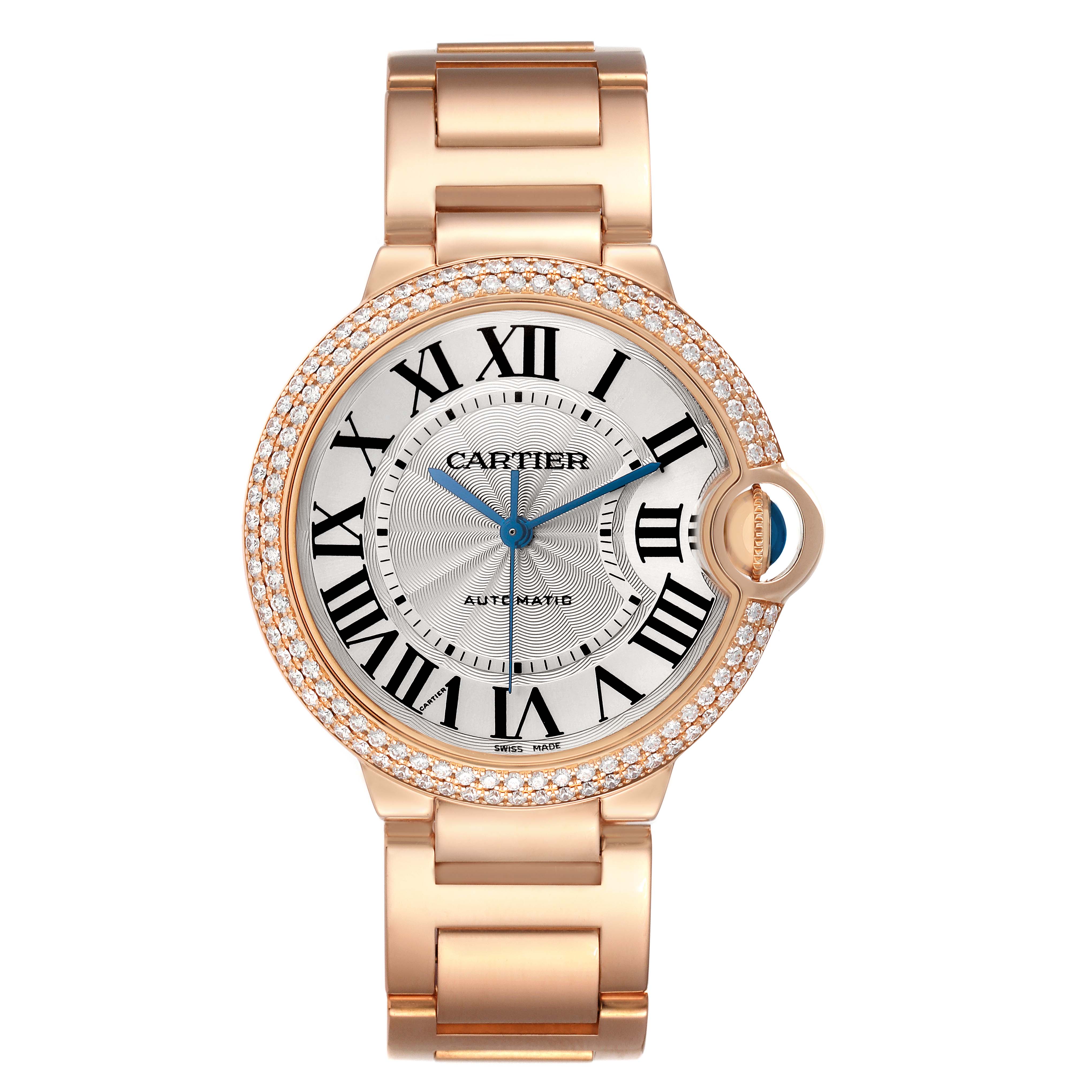 The Cartier Ballon Bleu WE9005Z3 Women's Rose Gold Silver Dial watch is shown from a front angle, displaying the dial, Roman numerals, and bracelet.