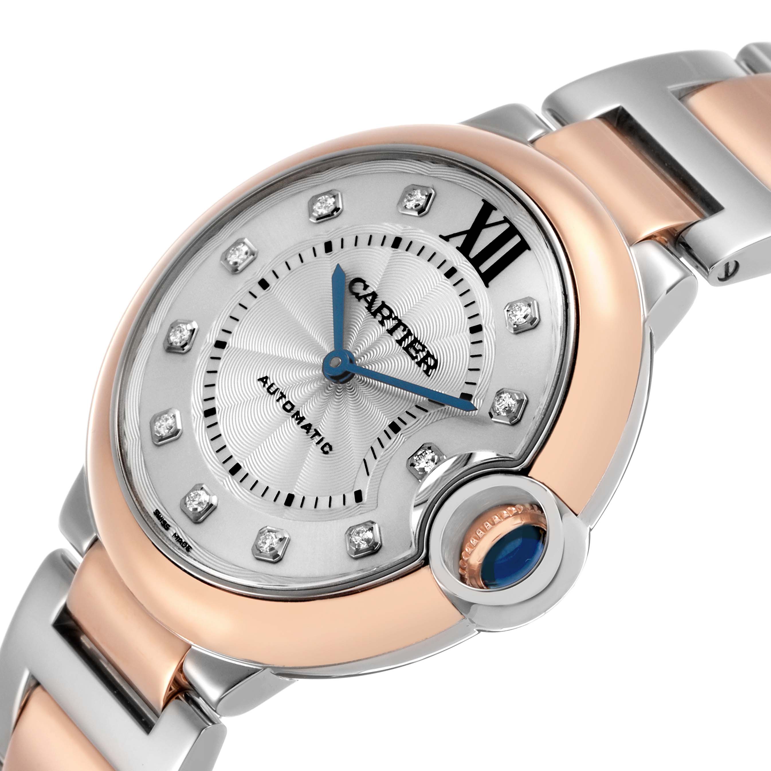 The Cartier Ballon Bleu W3BB0013 Men's Steel and Gold (two tone) Silver Dial watch is shown at an angle highlighting its dial, blue hands, crown with cabochon, and two-tone bracelet.