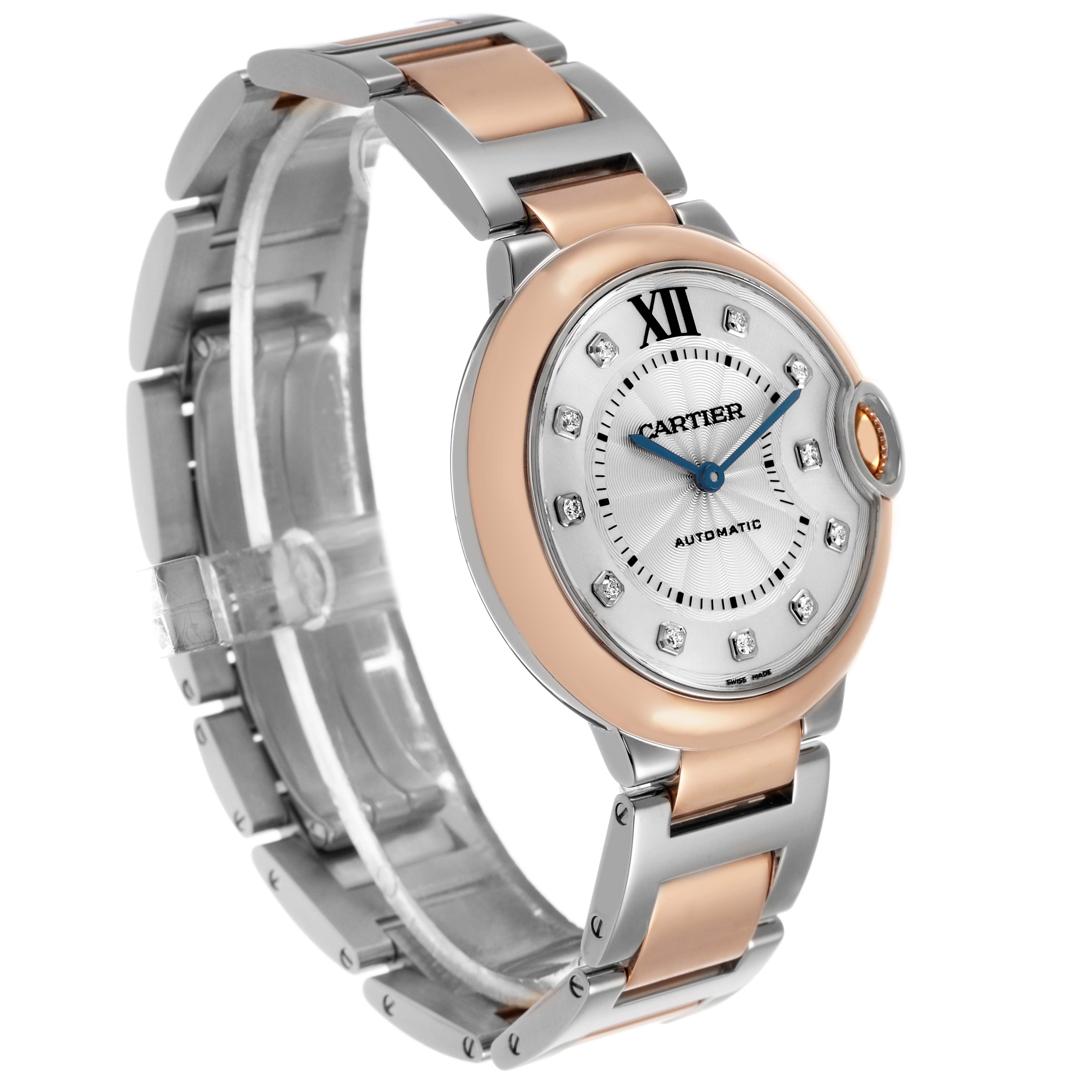 The image shows a Cartier Ballon Bleu W3BB0013 Men's Steel and Gold (two tone) Silver Dial watch from a front-side angle, highlighting its dial, bracelet, and crown.