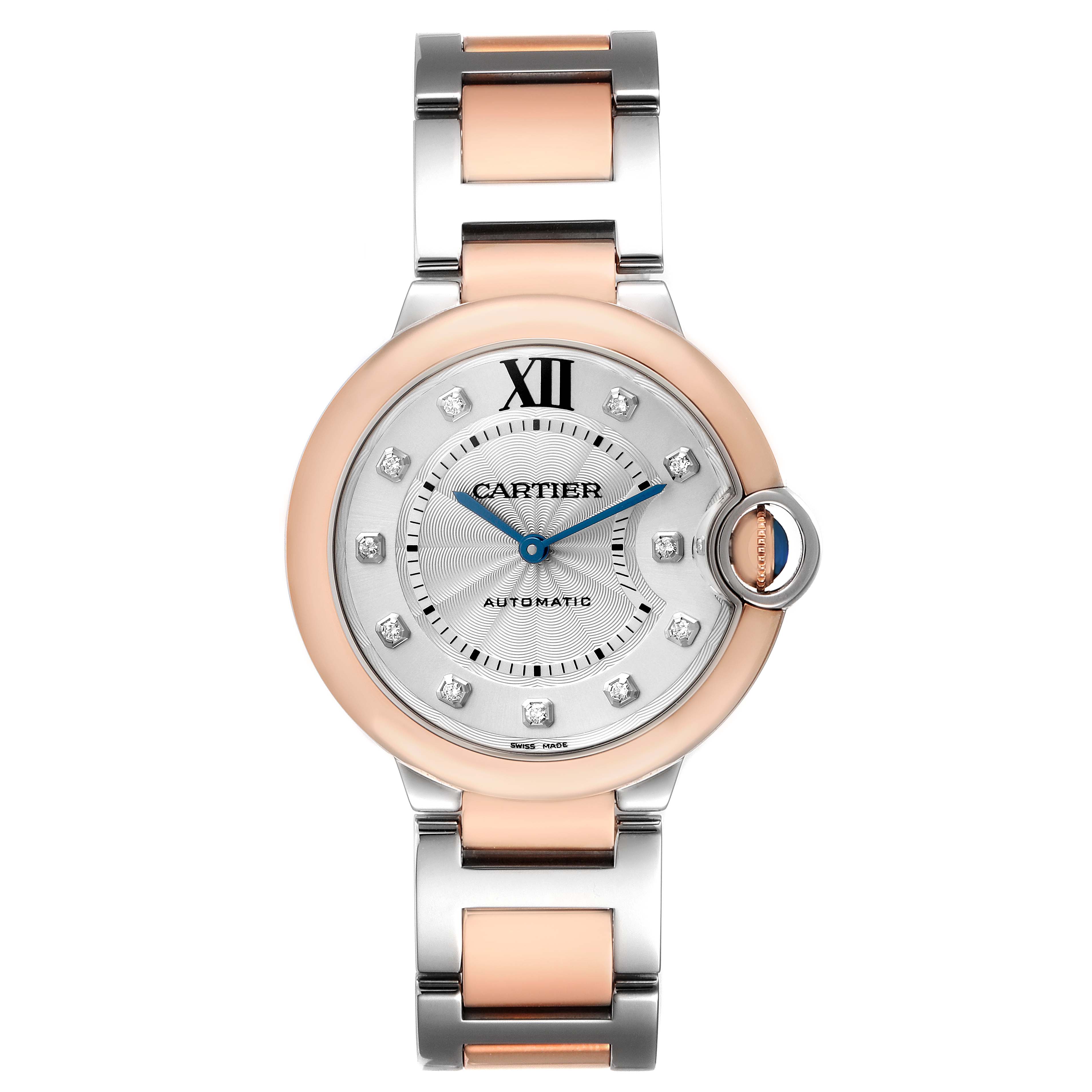 The Cartier Ballon Bleu W3BB0013 Men's Steel and Gold (two tone) Silver Dial watch is shown from a top-down angle, displaying the entire face and dual-tone bracelet.