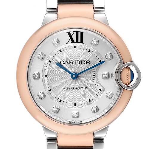 The image shows a front view of the Cartier Ballon Bleu W3BB0013 Men's Steel and Gold (two tone) Silver Dial watch, highlighting the dial, blue hands, and crown.