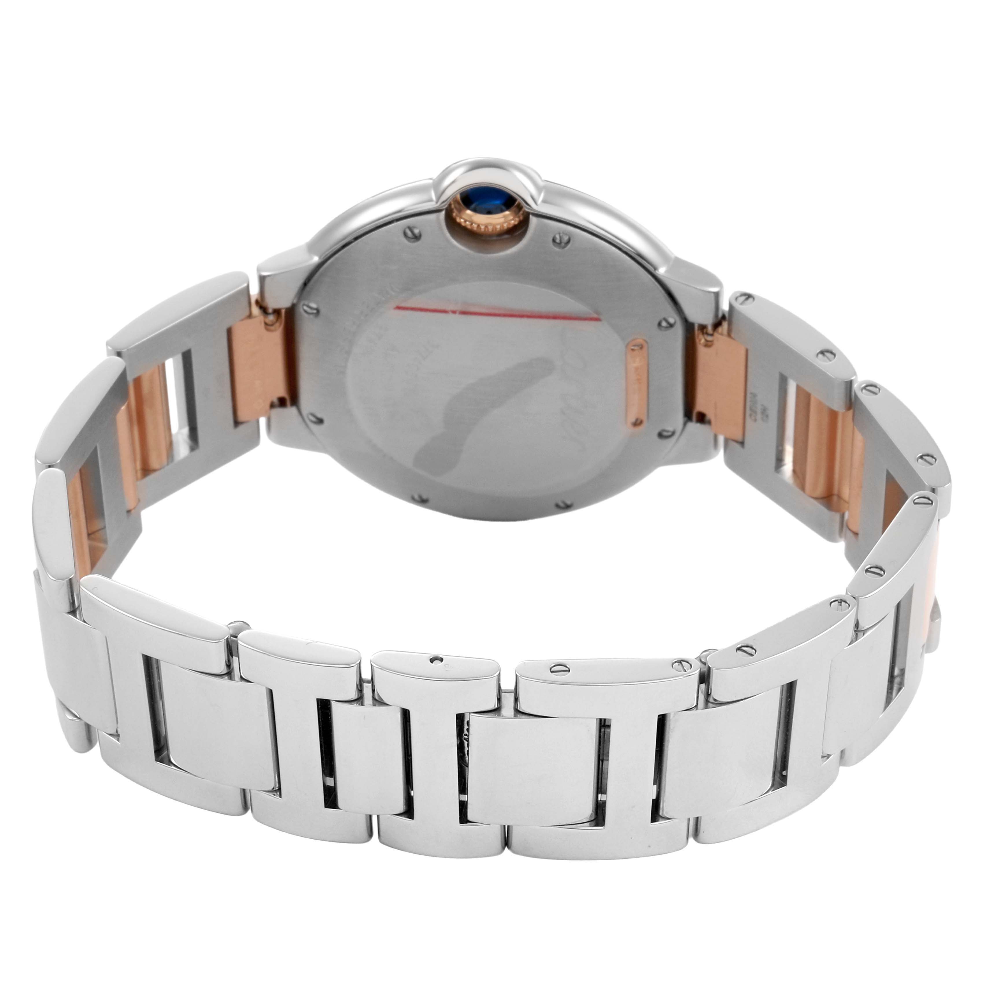 The image shows the back and bracelet of a Cartier Ballon Bleu W3BB0013 Men's Steel and Gold (two tone) Silver Dial watch, highlighting the clasp and case back.