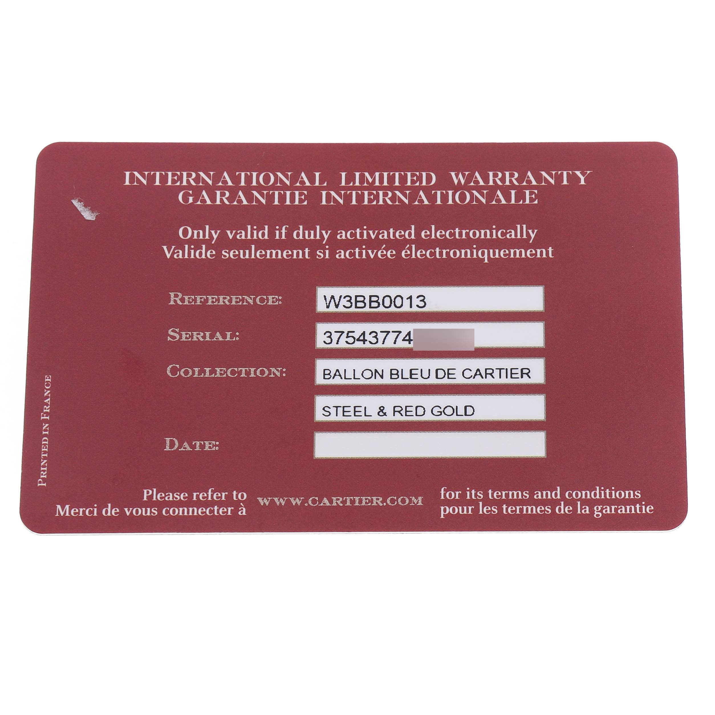 The image shows an International Limited Warranty card for a Cartier Ballon Bleu W3BB0013 Men's Steel and Gold (two tone) Silver Dial model in steel and red gold.