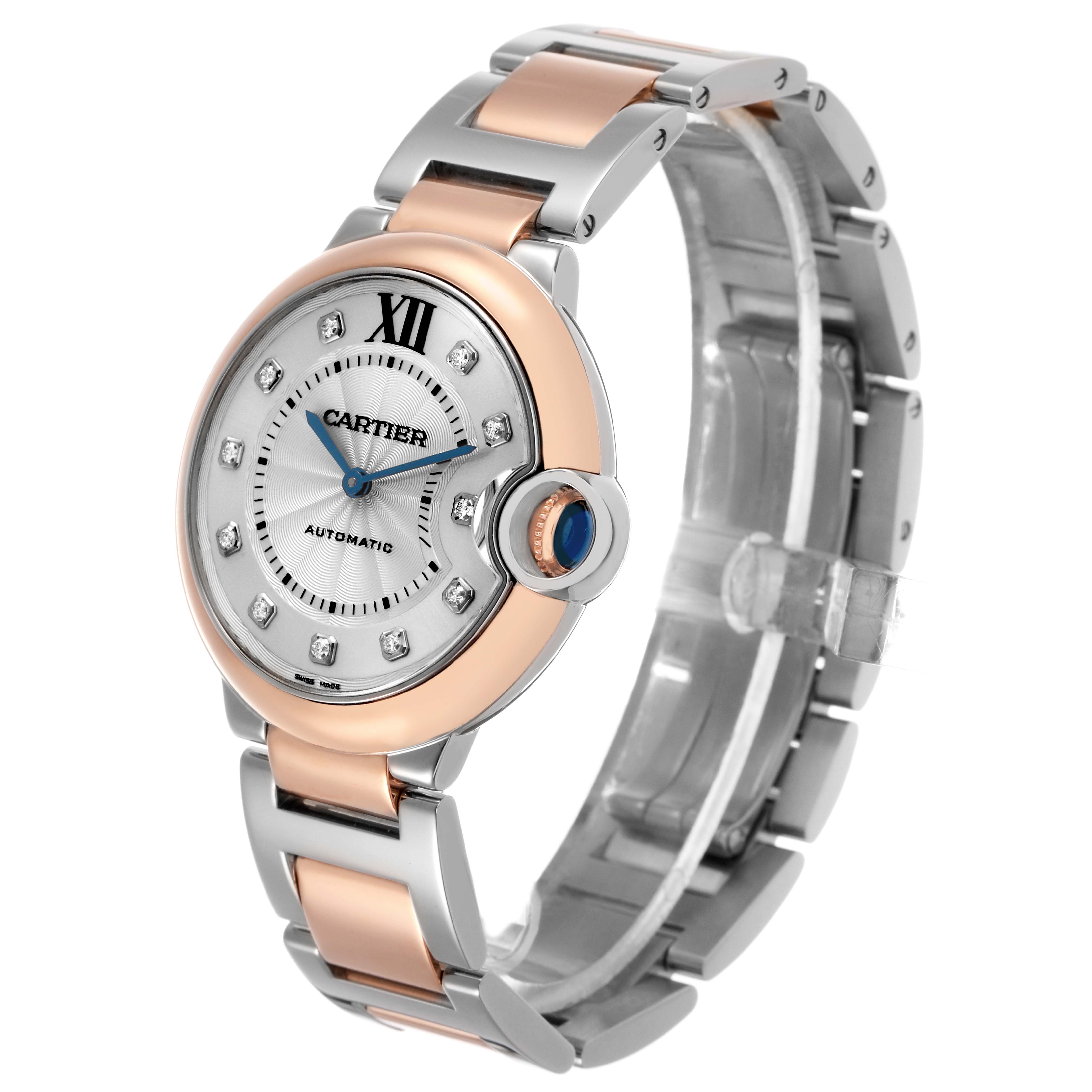 The Cartier Ballon Bleu W3BB0013 Men's Steel and Gold (two tone) Silver Dial watch is shown at a three-quarter angle displaying the face, bracelet, crown, and part of the clasp.