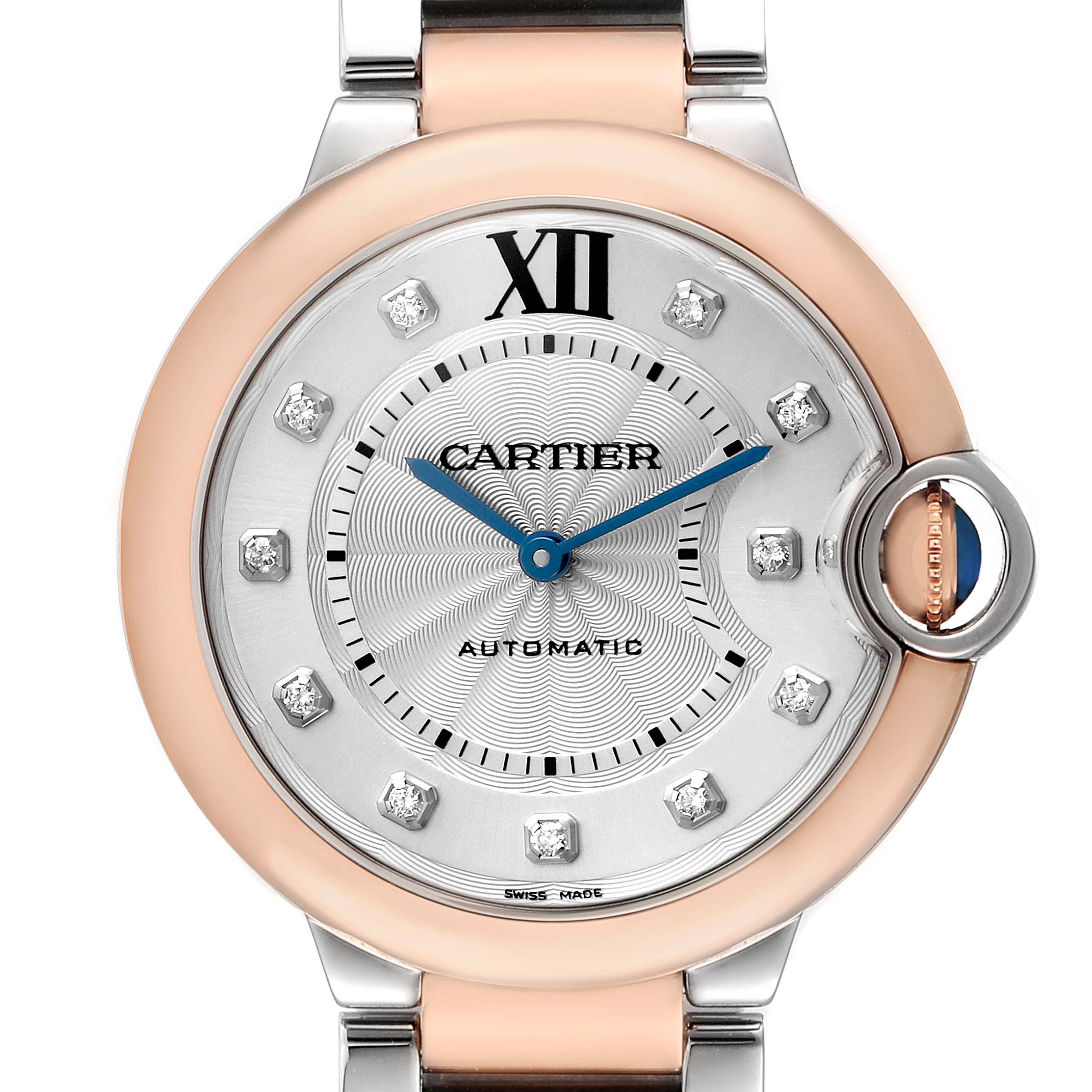 The Ballon Bleu by Cartier is shown from a front angle, highlighting its face, Roman numeral, blued hands, and distinctive crown.