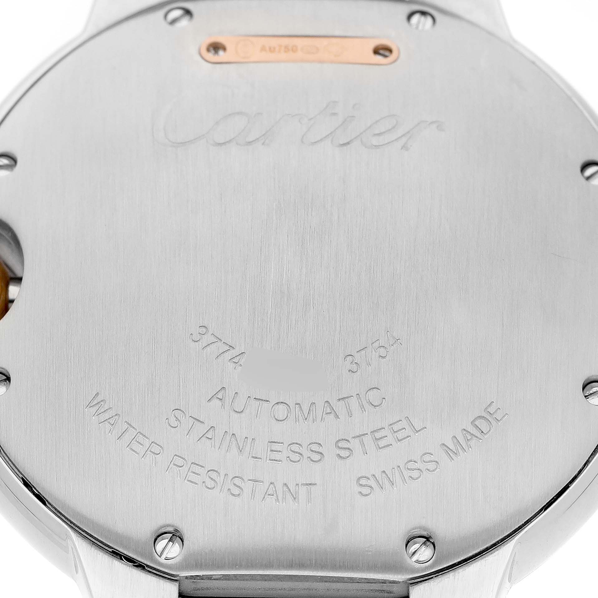The image shows the back case of a Cartier Ballon Bleu W3BB0013 Men's Steel and Gold (two tone) Silver Dial watch, highlighting details like material and water resistance.
