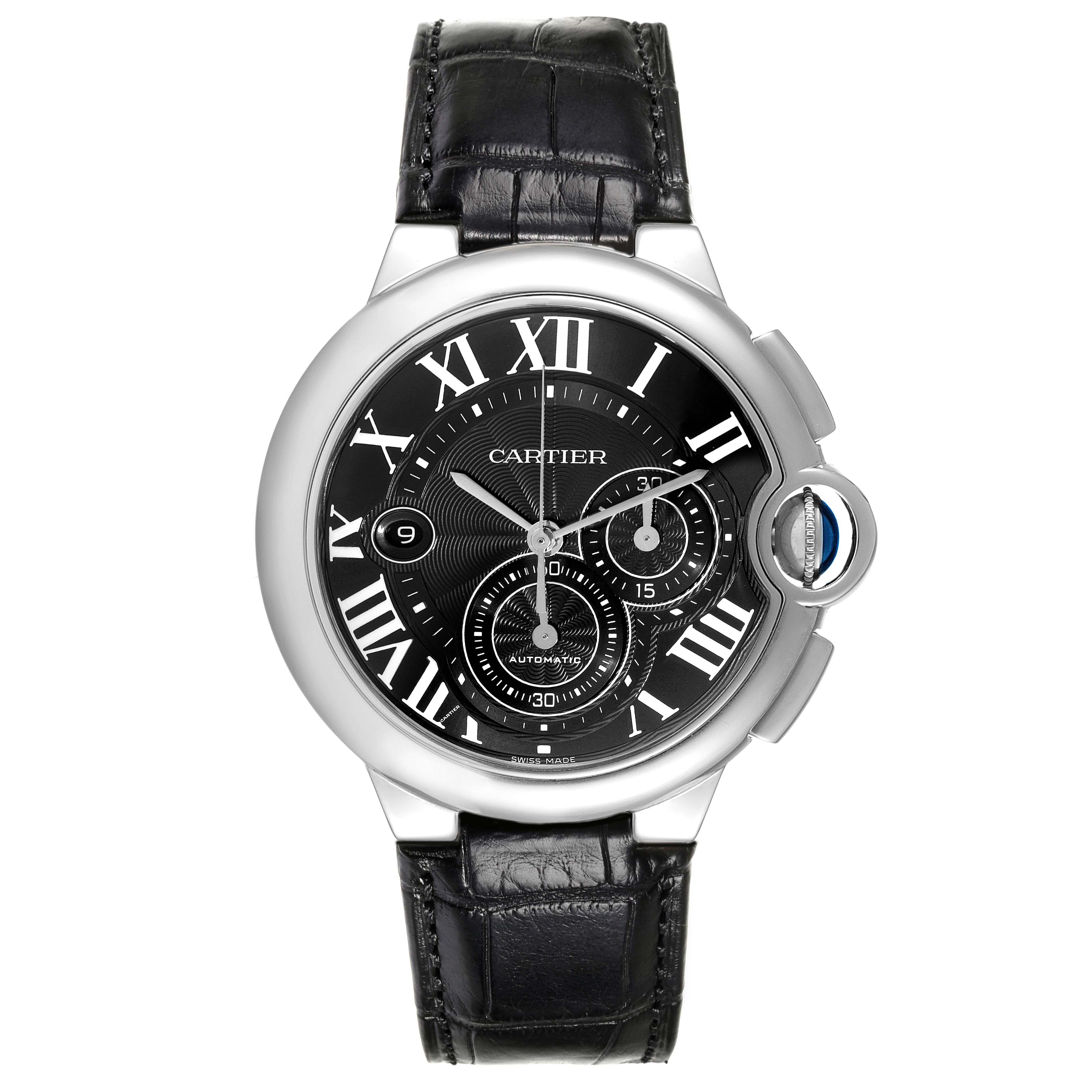 The image shows a front view of a Cartier Ballon Bleu W6920052 Men's Stainless Steel Black Dial W6920052 Men's Stainless Steel Black Dial watch, displaying the black dial, Roman numerals, and leather strap.