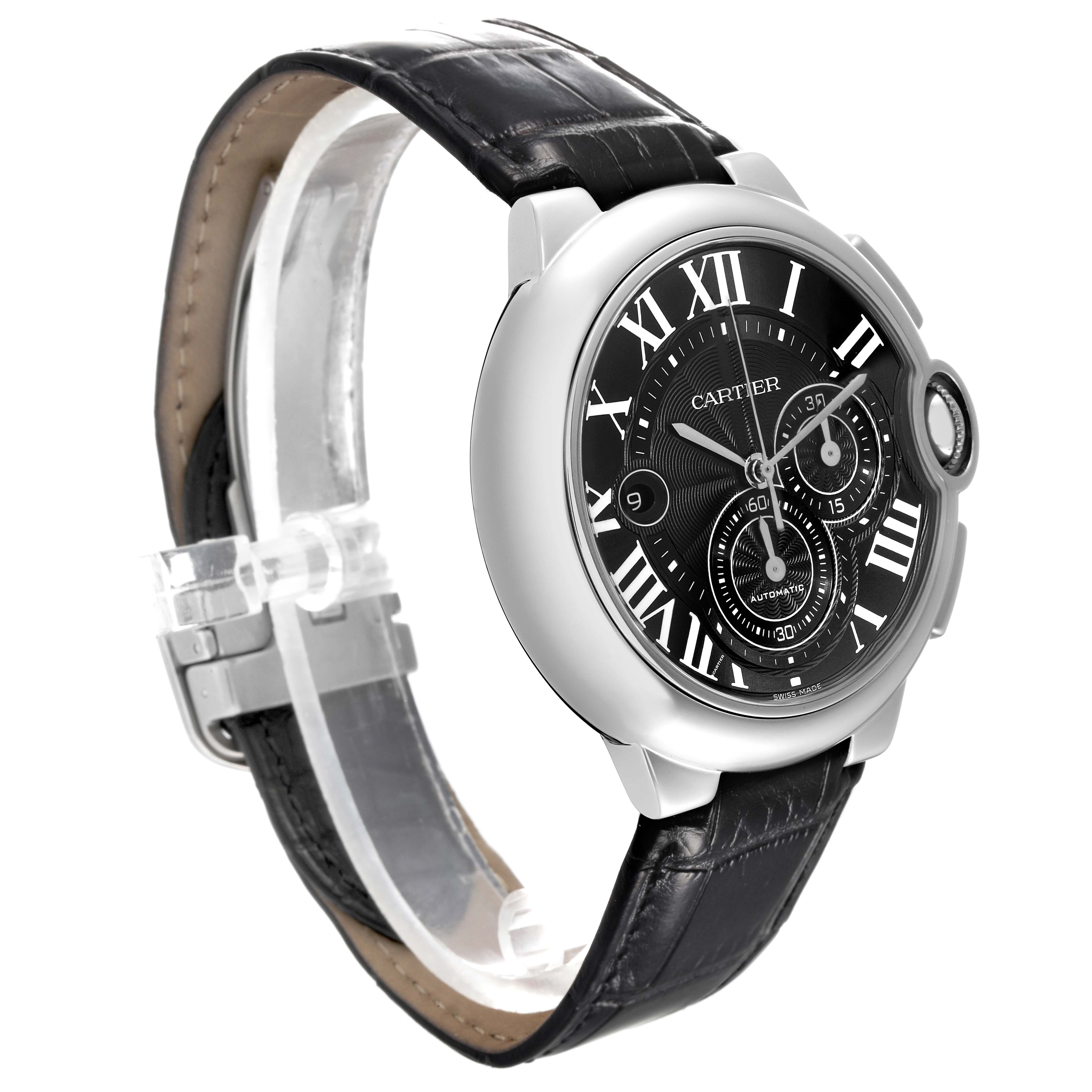 The image shows a Cartier Ballon Bleu W6920052 Men's Stainless Steel Black Dial W6920052 Men's Stainless Steel Black Dial watch at a three-quarter angle, detailing the black leather strap and round dial with roman numerals.