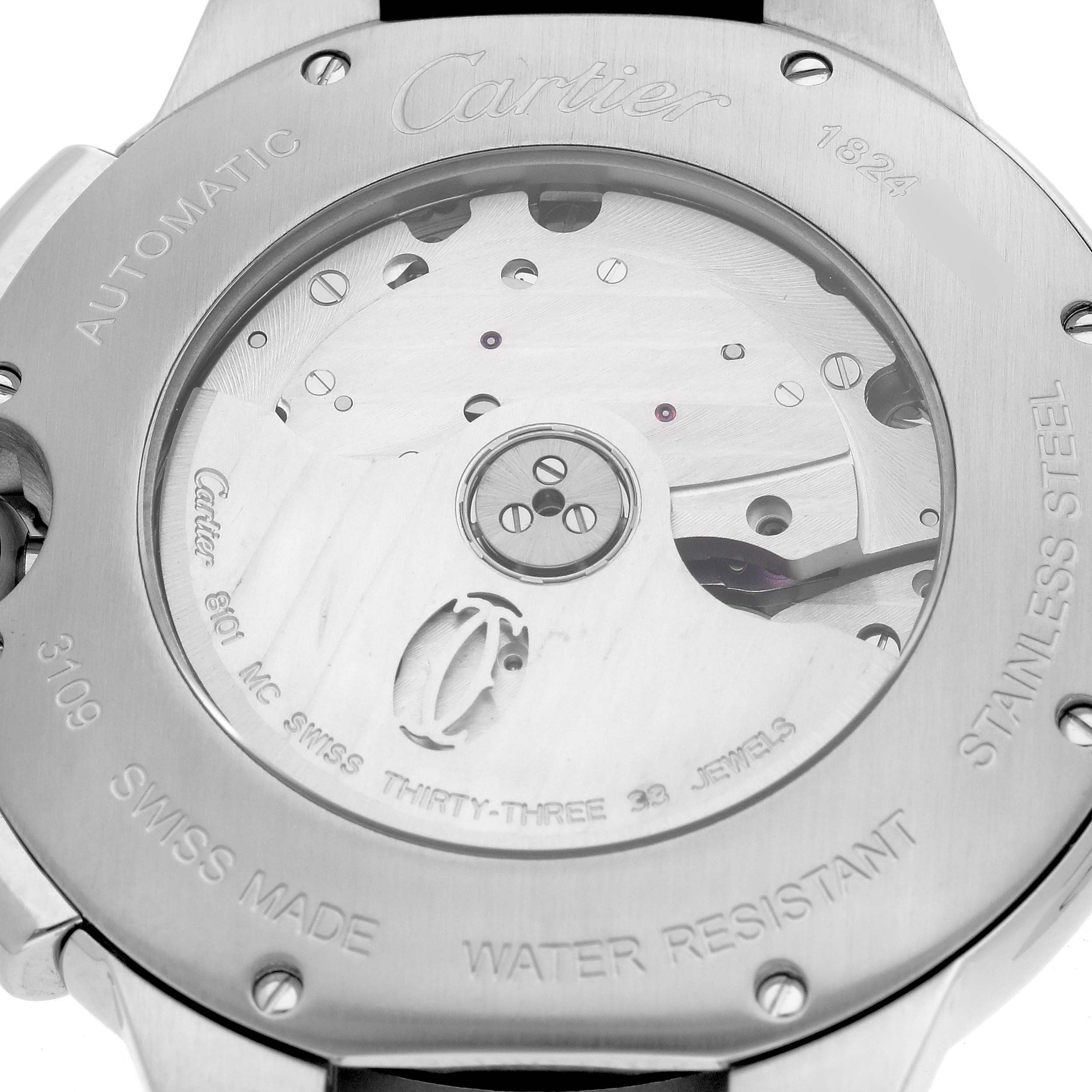 The image shows the back view of a Ballon Bleu model by Cartier, displaying its automatic movement and stainless steel case.