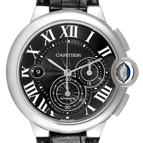 This image shows the face of a Cartier Ballon Bleu watch, displaying its Roman numeral markers, subdials, and crown.