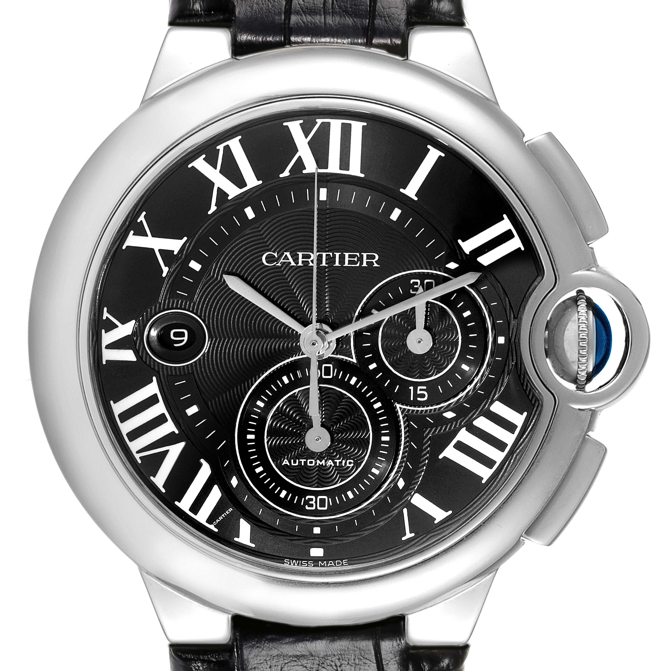 The image shows a close-up, front view of a Cartier Ballon Bleu W6920052 Men's Stainless Steel Black Dial W6920052 Men's Stainless Steel Black Dial watch, displaying its black dial, Roman numerals, and leather strap.
