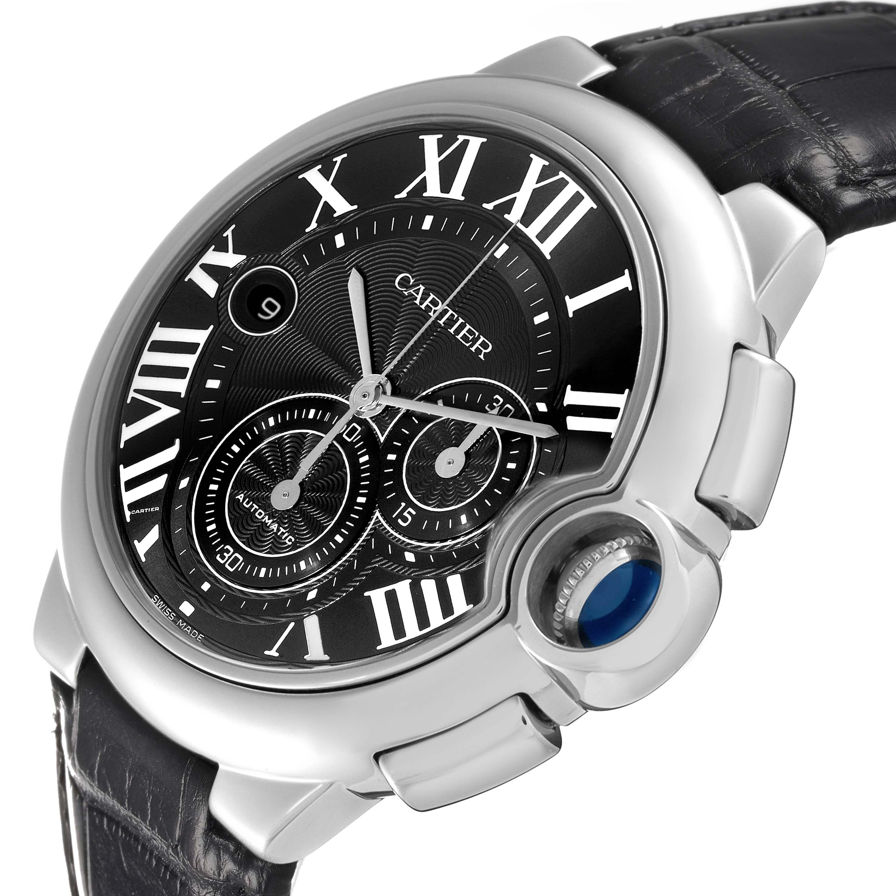 The image shows a close-up of the dial and crown of the Cartier Ballon Bleu W6920052 Men's Stainless Steel Black Dial W6920052 Men's Stainless Steel Black Dial watch, angled slightly from the front.