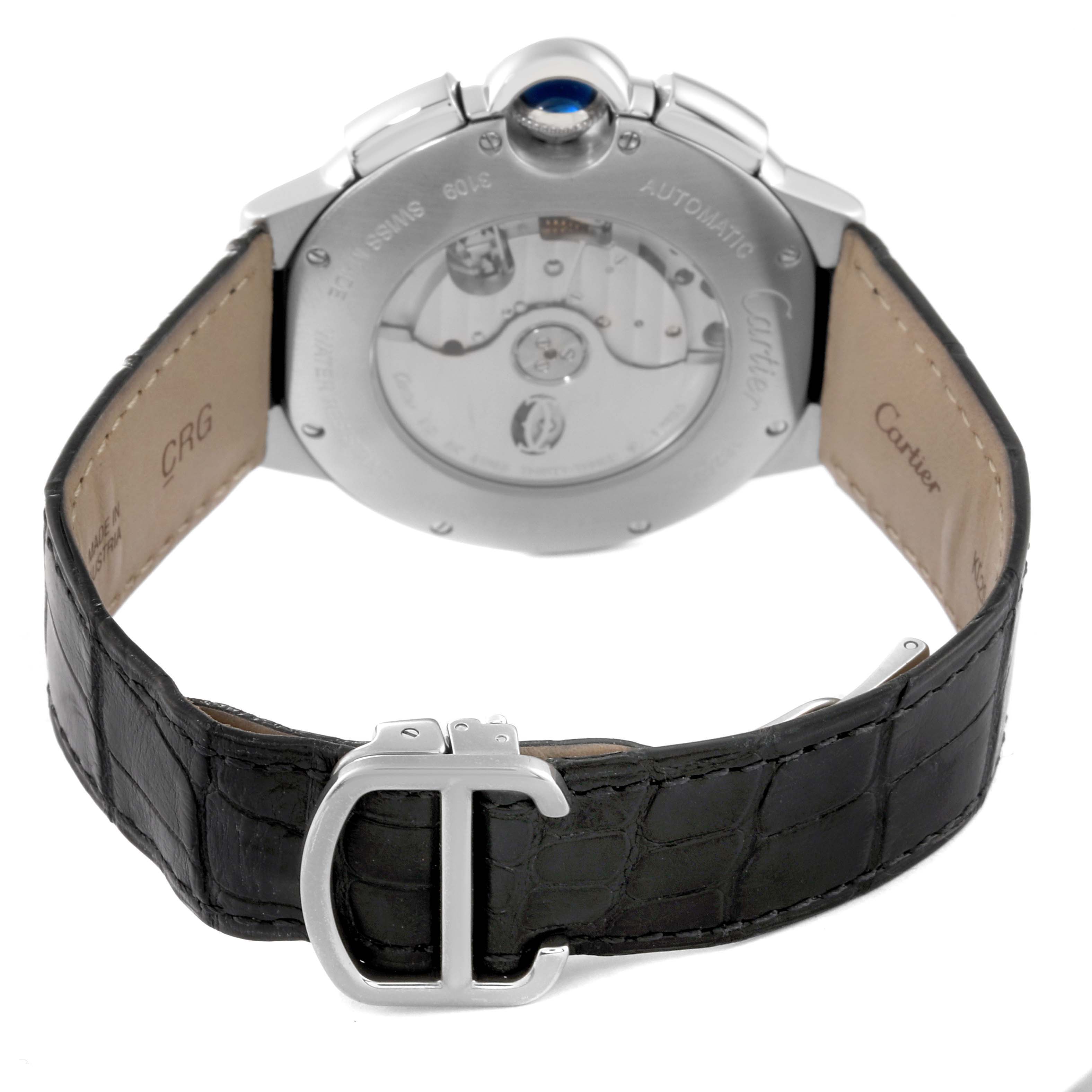 The image shows the back of a Cartier Ballon Bleu W6920052 Men's Stainless Steel Black Dial W6920052 Men's Stainless Steel Black Dial watch, highlighting its mechanical movement and leather strap with a "C" buckle.