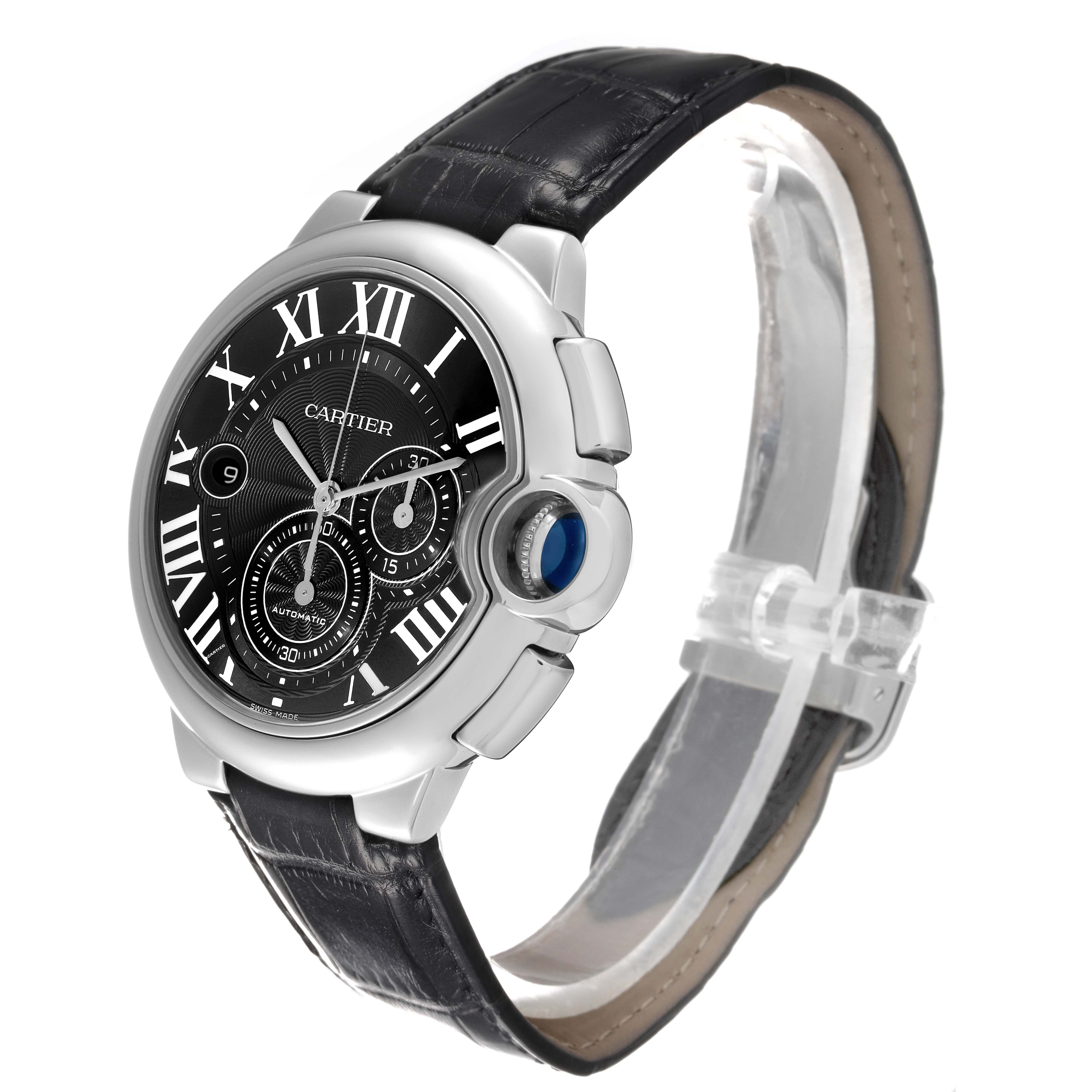 This image shows a Cartier Ballon Bleu W6920052 Men's Stainless Steel Black Dial W6920052 Men's Stainless Steel Black Dial watch at a slight side angle, displaying its black leather strap and detailed face.