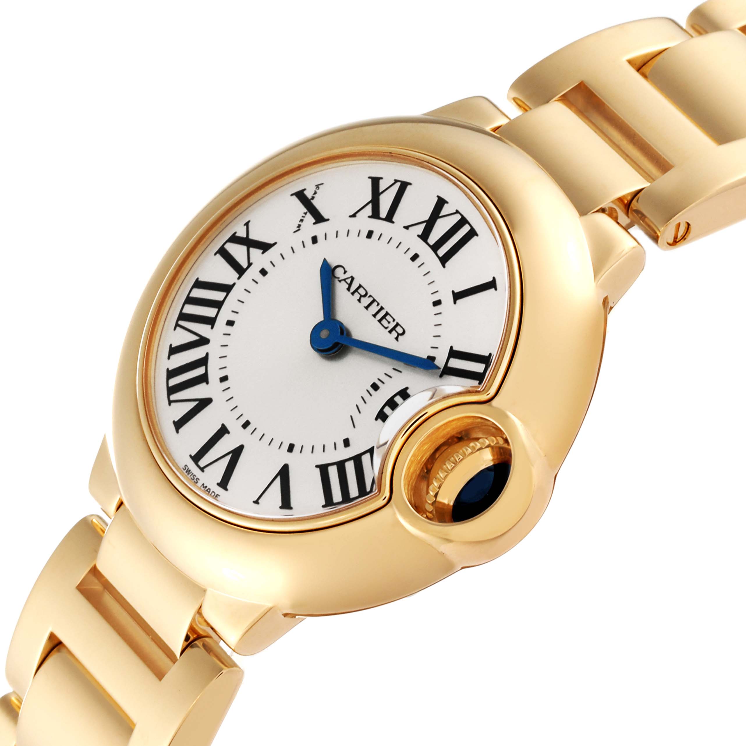 The image shows a close-up of the Cartier Ballon Bleu W69001Z2 Women's Yellow Gold Silver Dial W69001Z2 Women's Yellow Gold Silver Dial watch face and part of its gold bracelet from an oblique angle.